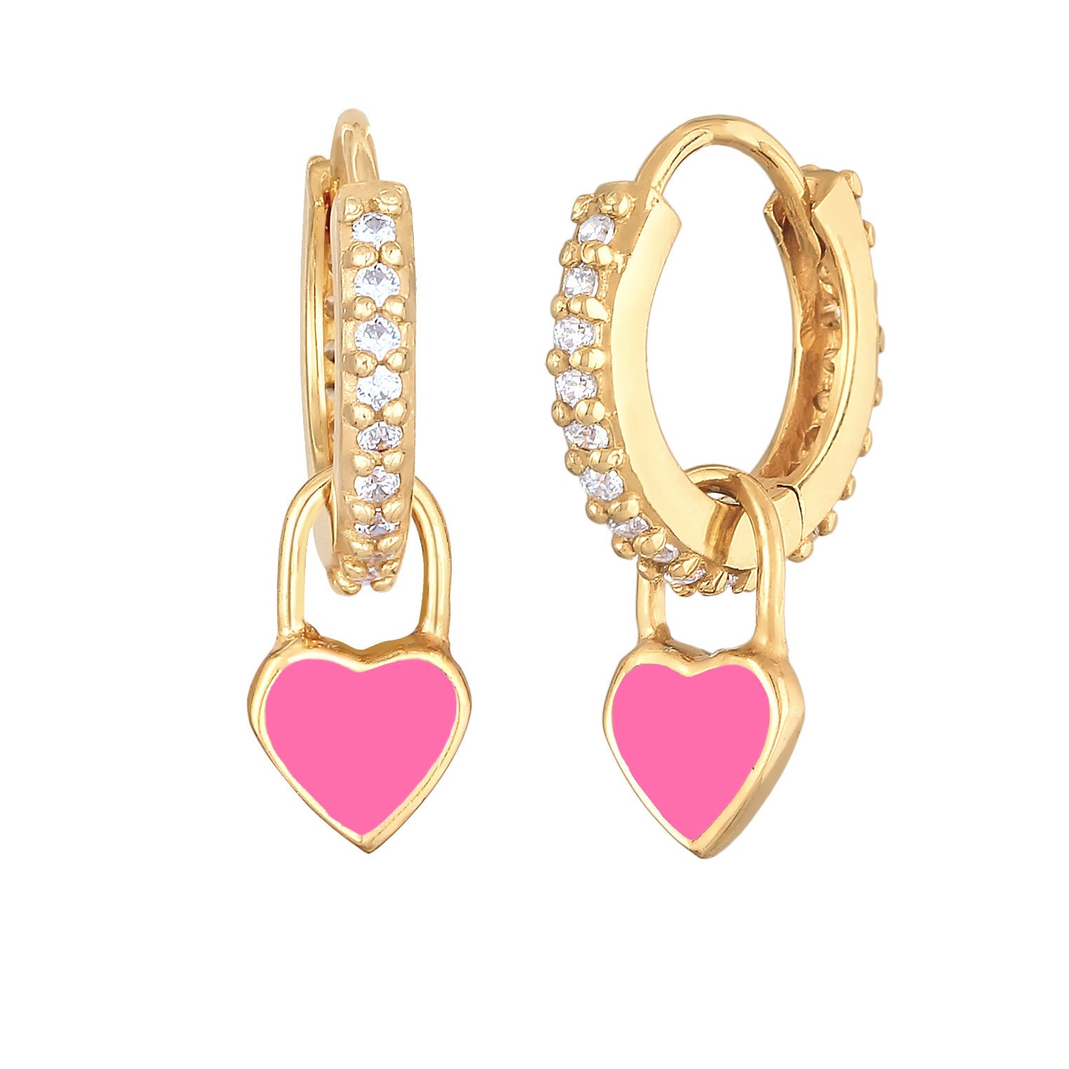 Pink - Elli | Ohrhänger Herz | Emaille, Zirkonia (Pink,Weiß) | 925er Sterling Silber Vergoldet