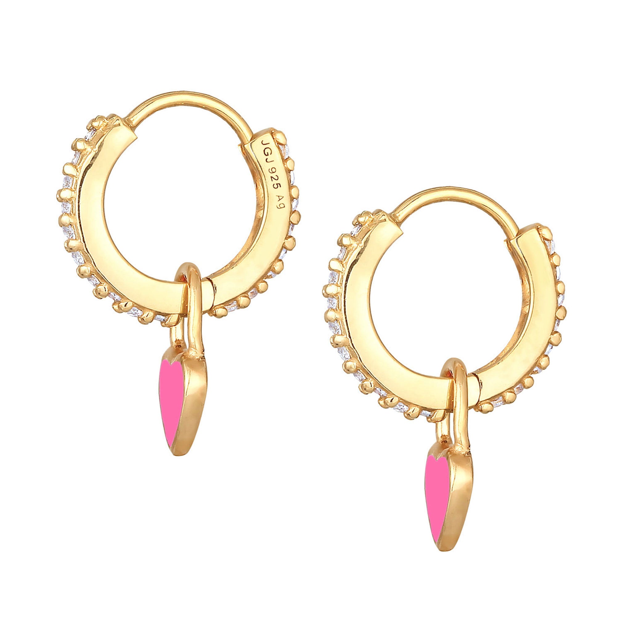 Pink - Elli | Ohrhänger Herz | Emaille, Zirkonia (Pink,Weiß) | 925er Sterling Silber Vergoldet