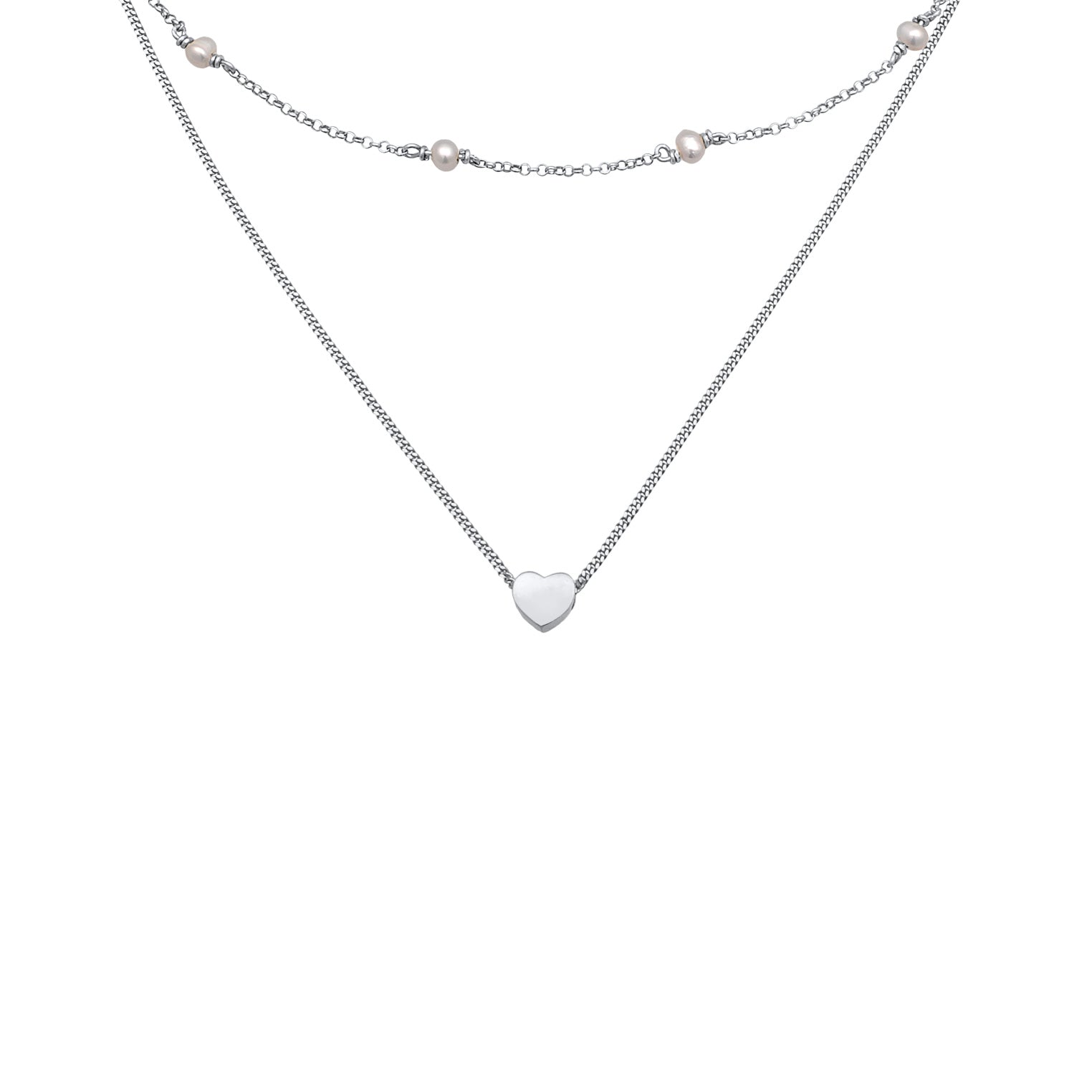 Silber - Elli | Layer-Halskette Herz | Süßwasserperlen | 925er Sterling Silber