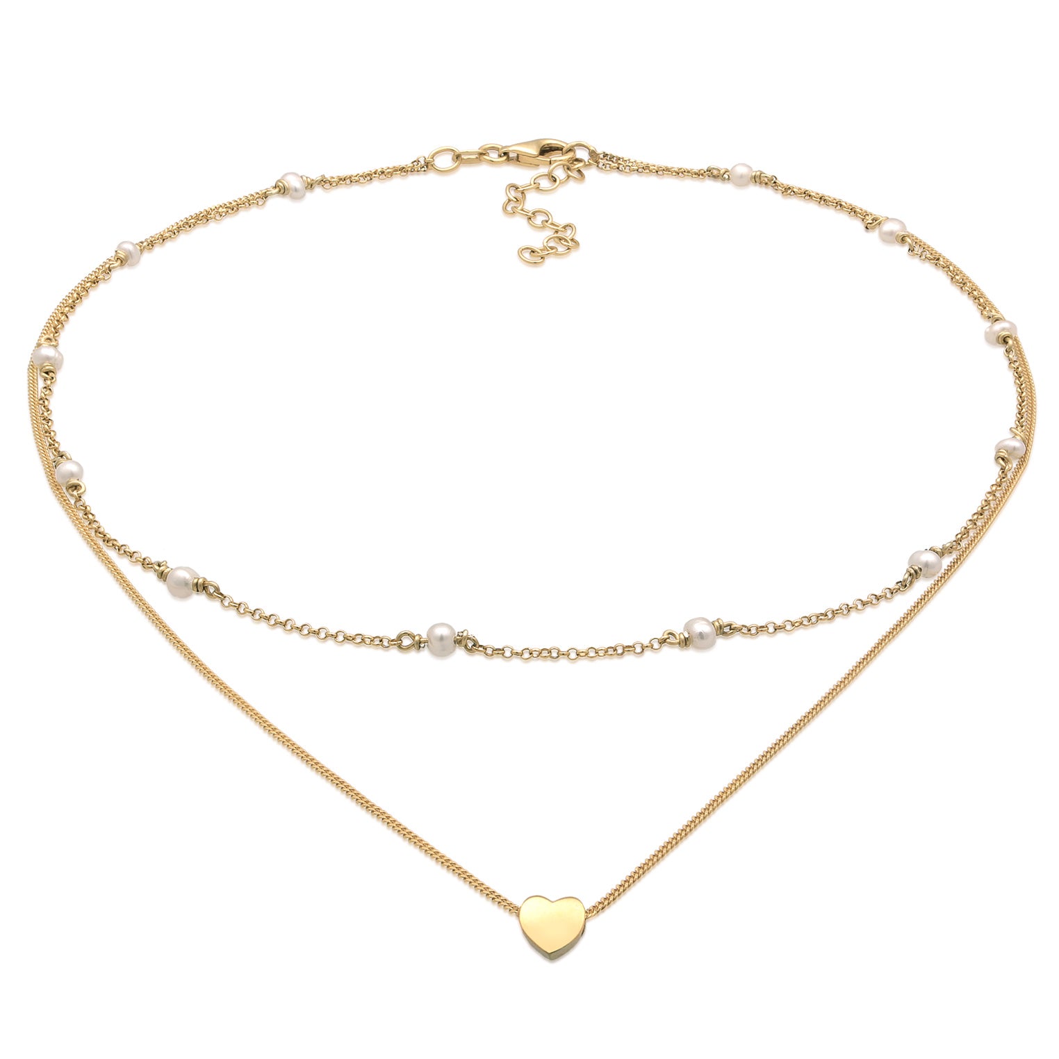 Gold - Elli | Layer-Halskette Herz | Süßwasserperlen | 925er Sterling Silber vergoldet