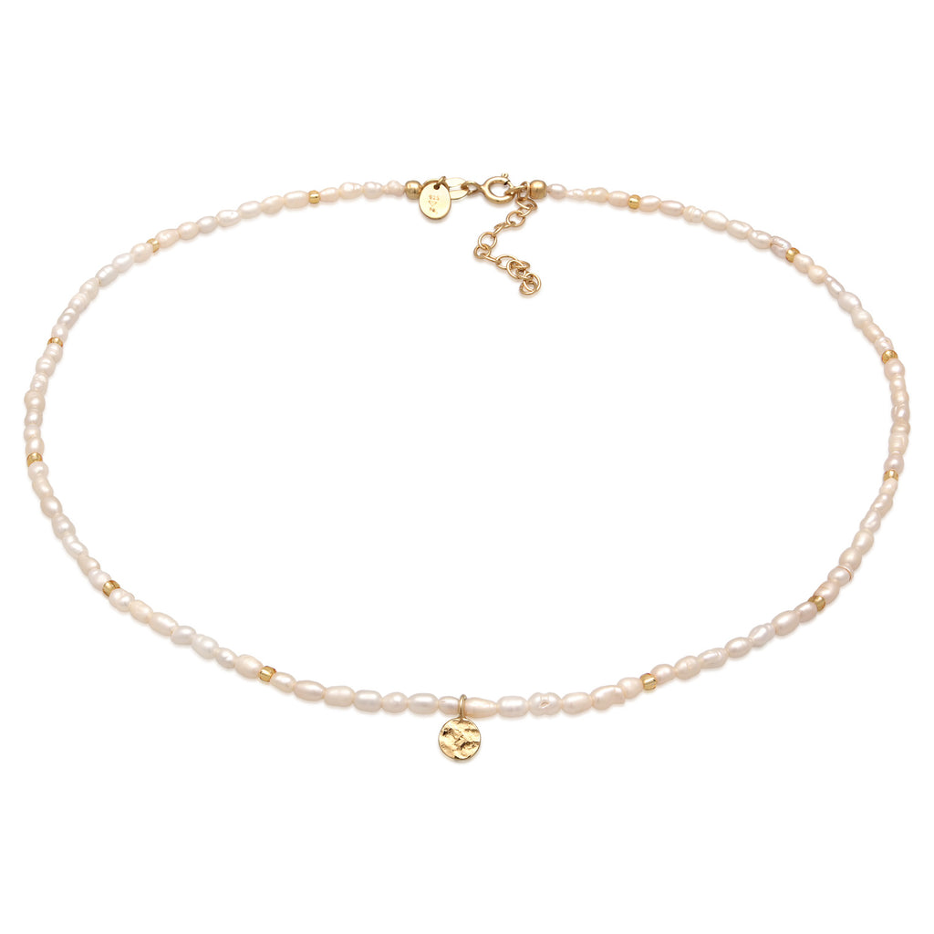 Weiß - Elli PREMIUM | Choker Plättchen| Süßwasserperlen | 925er Sterling Silber Vergoldet