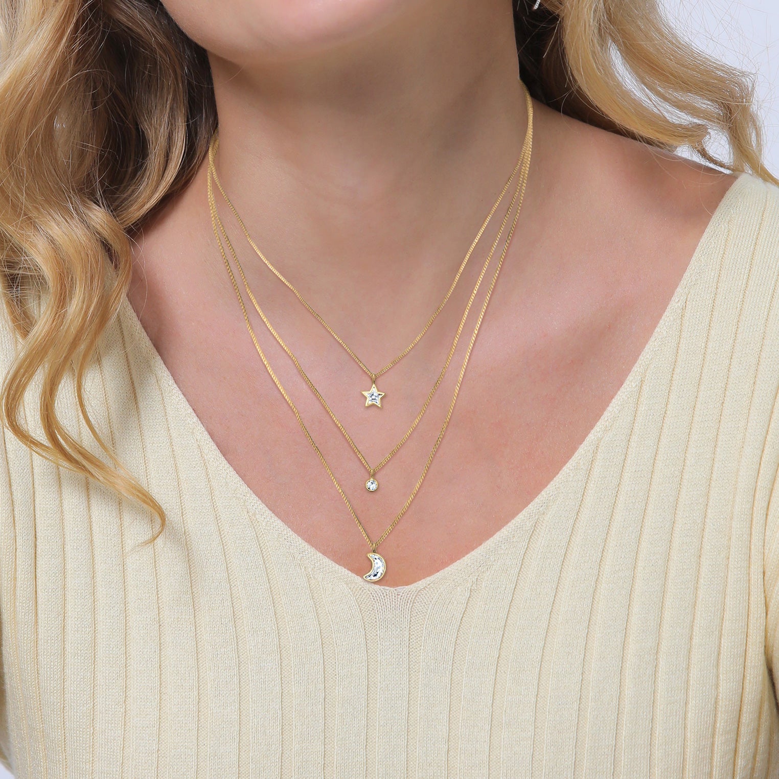 Gold - Elli | Layer-Halskette Astro | Mit Kristallen von Swarovski® (Weiß) | 925er Sterling Silber Vergoldet