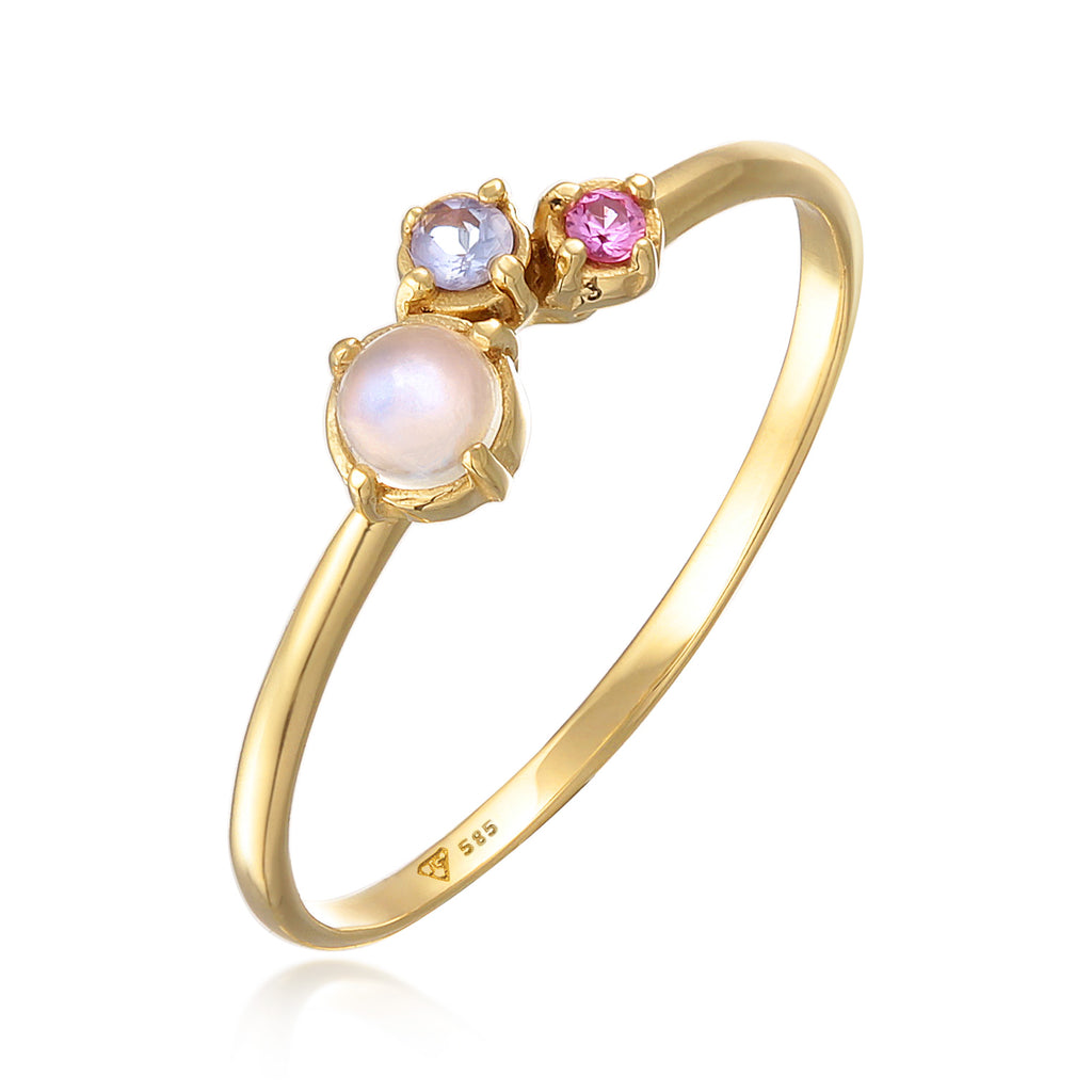 Gold - Elli PREMIUM | Ring Glamurös | Tansanit, Mondstein, syn. Saphir | 585er Gelbgold