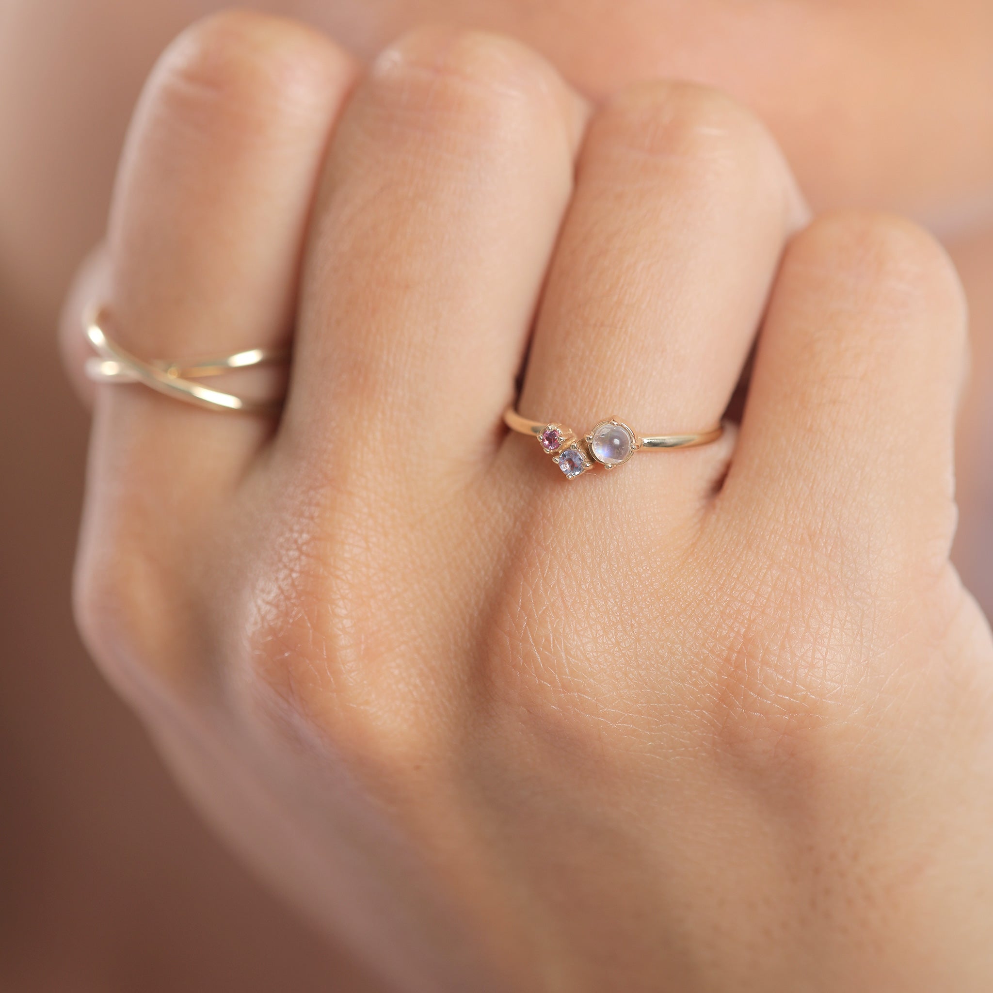Gold - Elli PREMIUM | Ring Glamurös | Tansanit, Mondstein, syn. Saphir | 585er Gelbgold