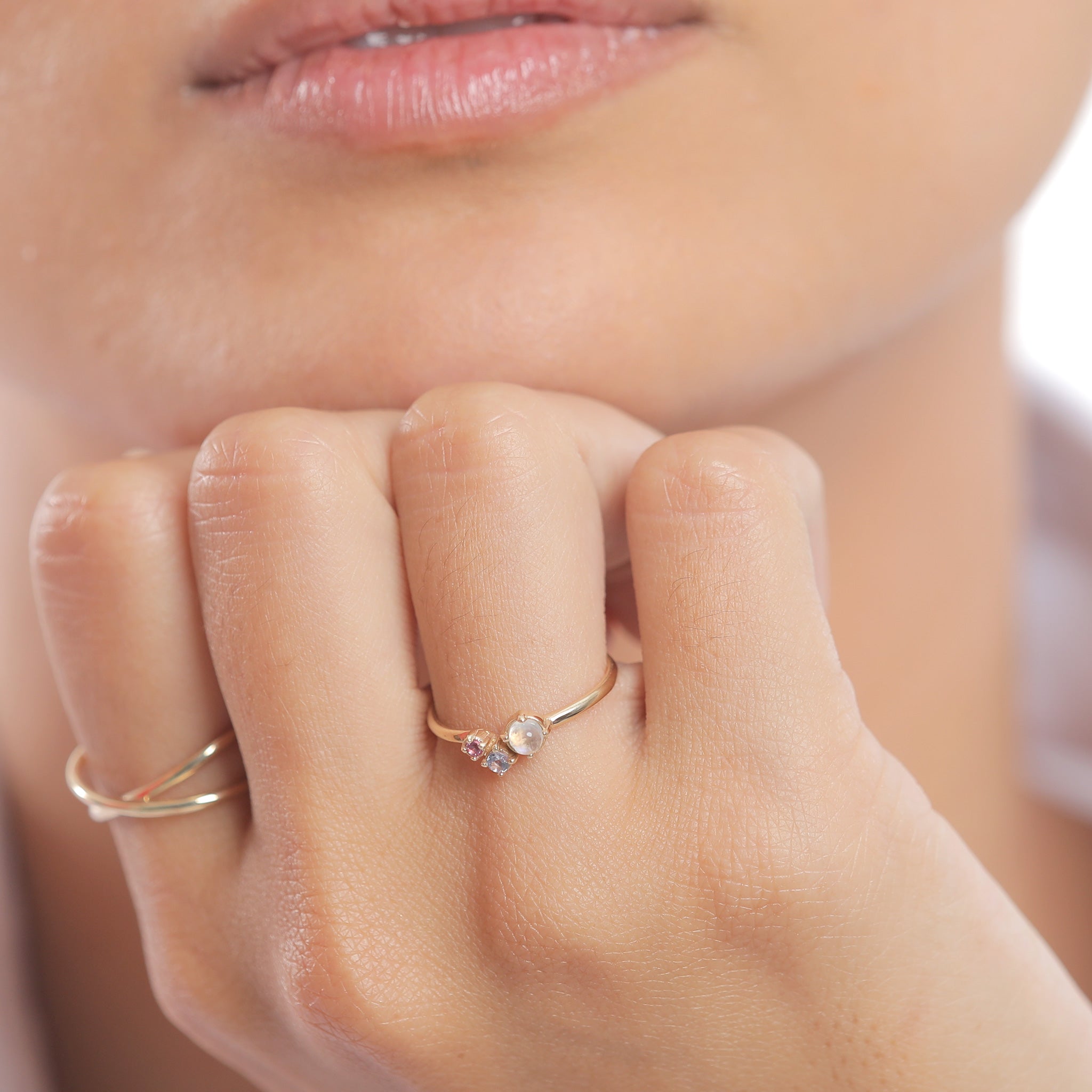Gold - Elli PREMIUM | Ring Glamurös | Tansanit, Mondstein, syn. Saphir | 585er Gelbgold