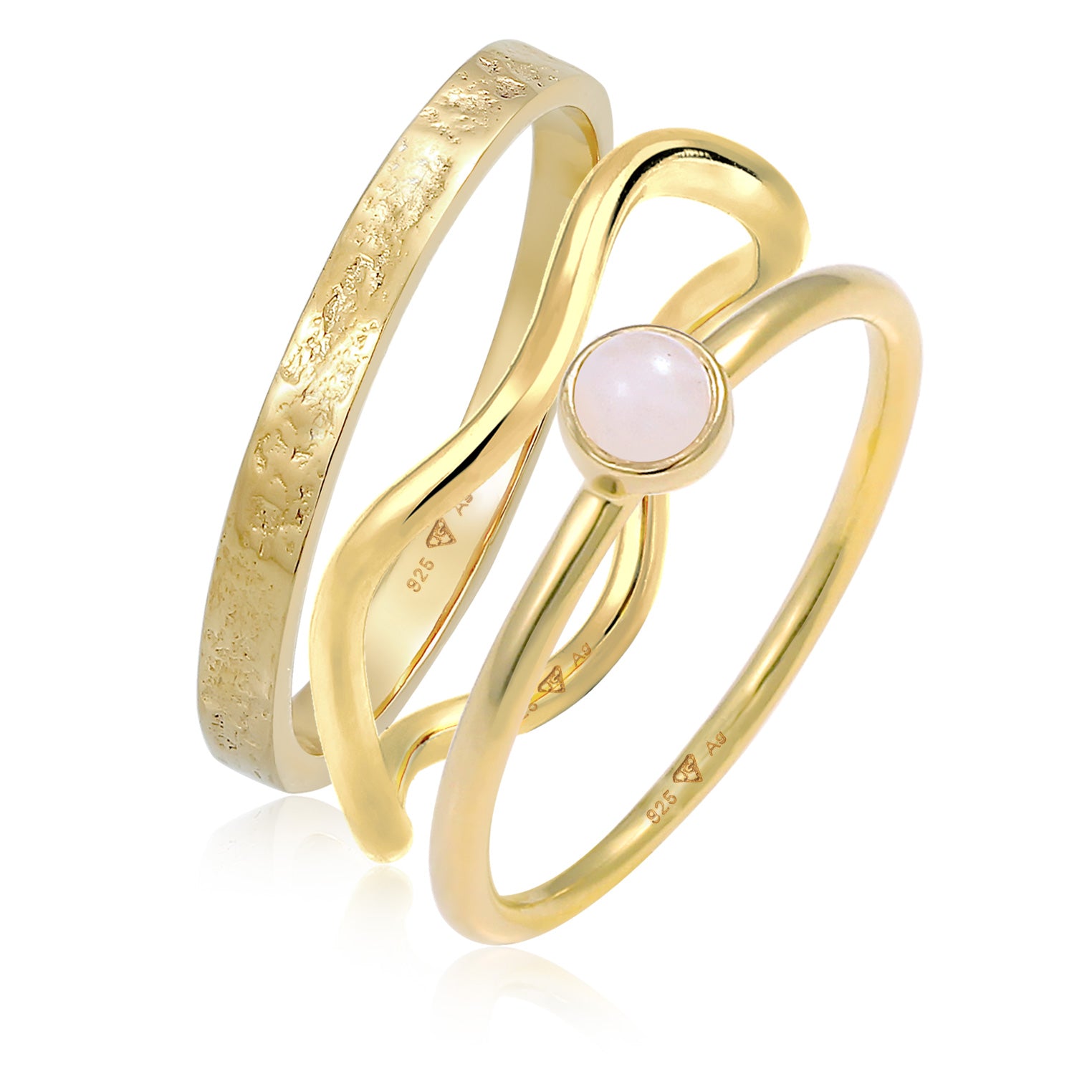 Gold - Elli PREMIUM | Solitär-Ringset |Quarz (Rosa)| 925er Sterling Silber Vergoldet