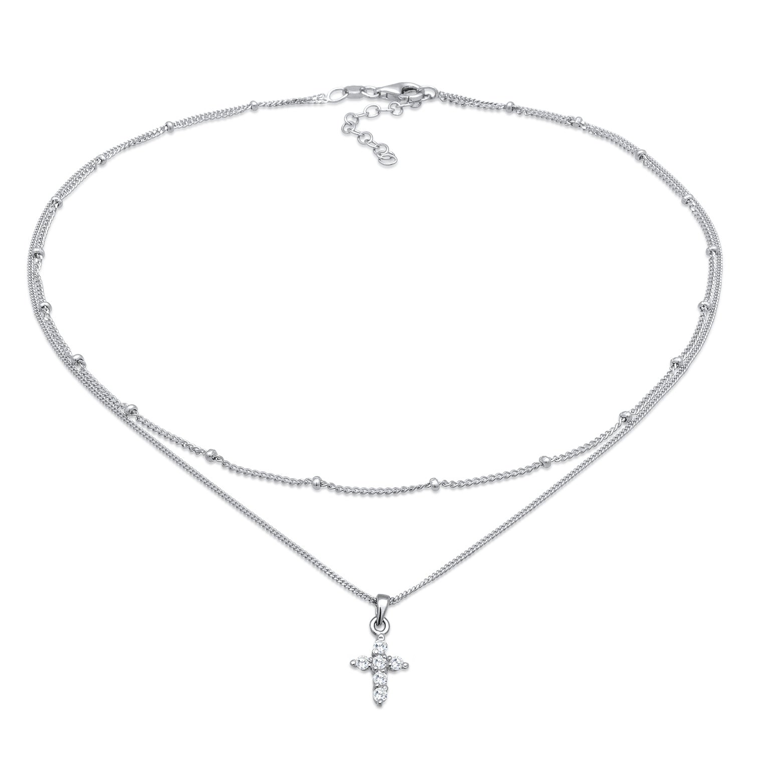 Silber - Elli | Layer-Halskette Kreuz | Zirkonia (Weiß) | 925er Sterling Silber