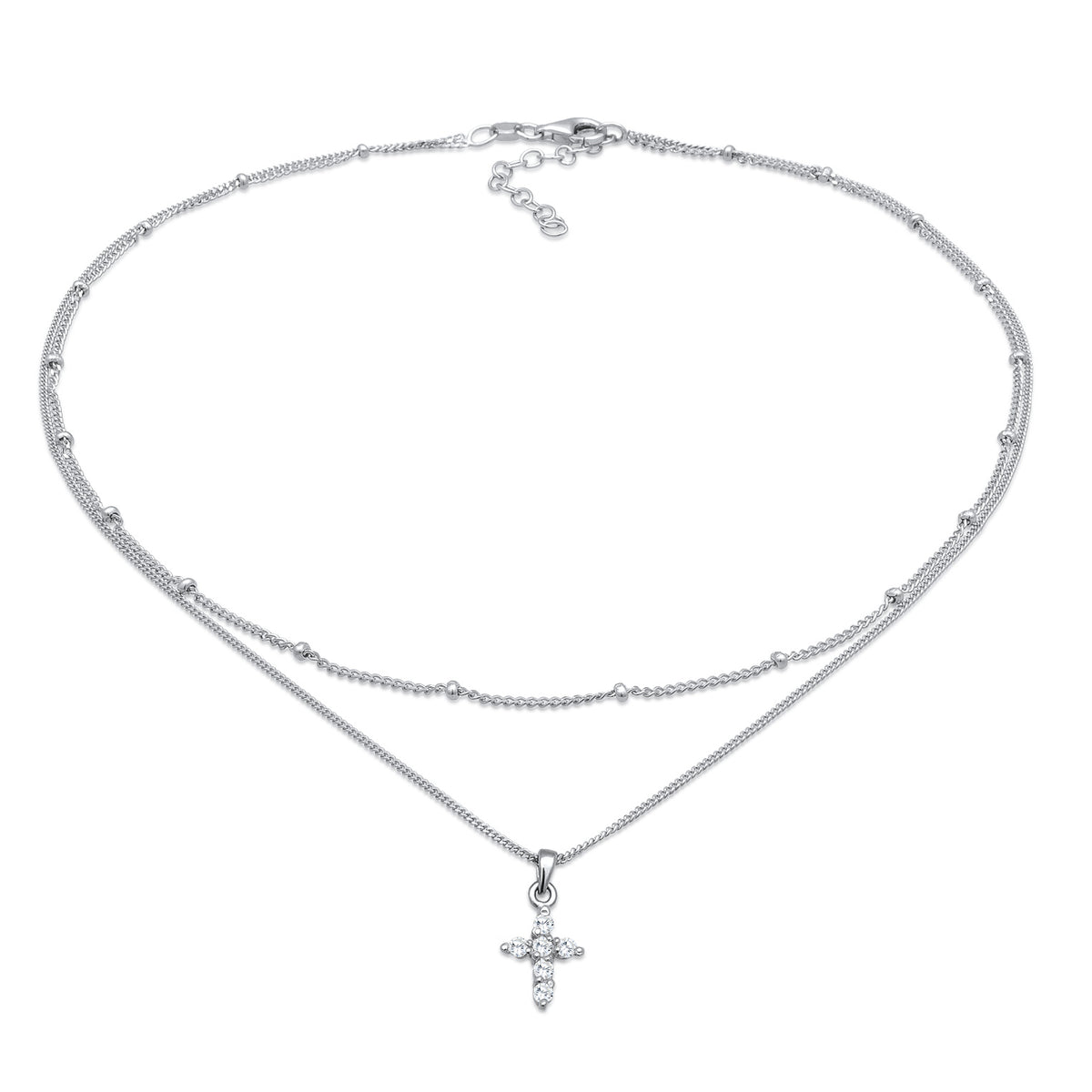 Silber - Elli | Layer-Halskette Kreuz | Zirkonia (Weiß) | 925er Sterling Silber