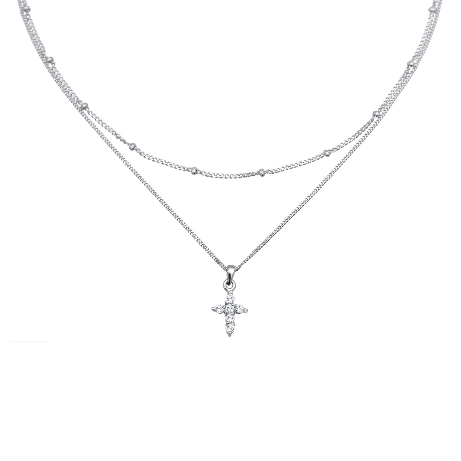 Silber - Elli | Layer-Halskette Kreuz | Zirkonia (Weiß) | 925er Sterling Silber