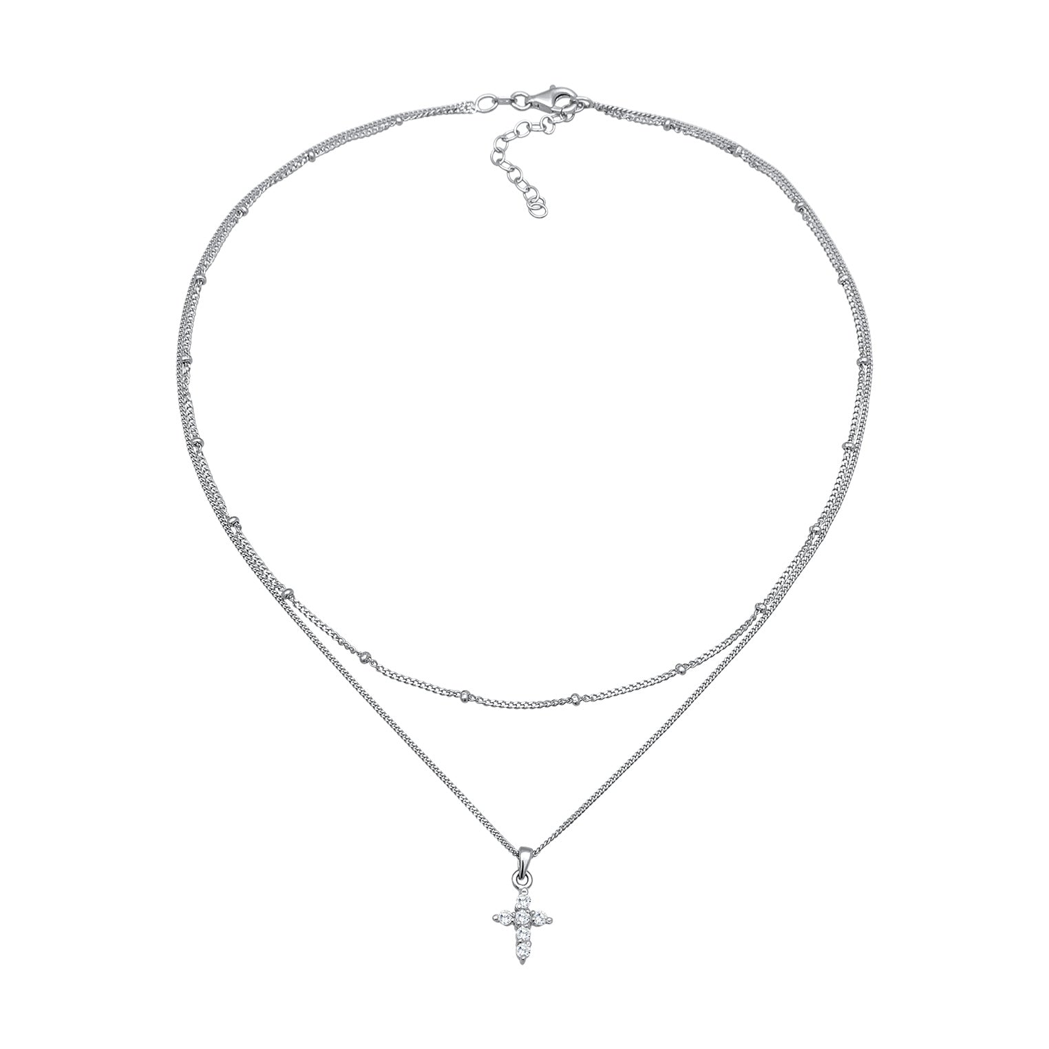 Silber - Elli | Layer-Halskette Kreuz | Zirkonia (Weiß) | 925er Sterling Silber