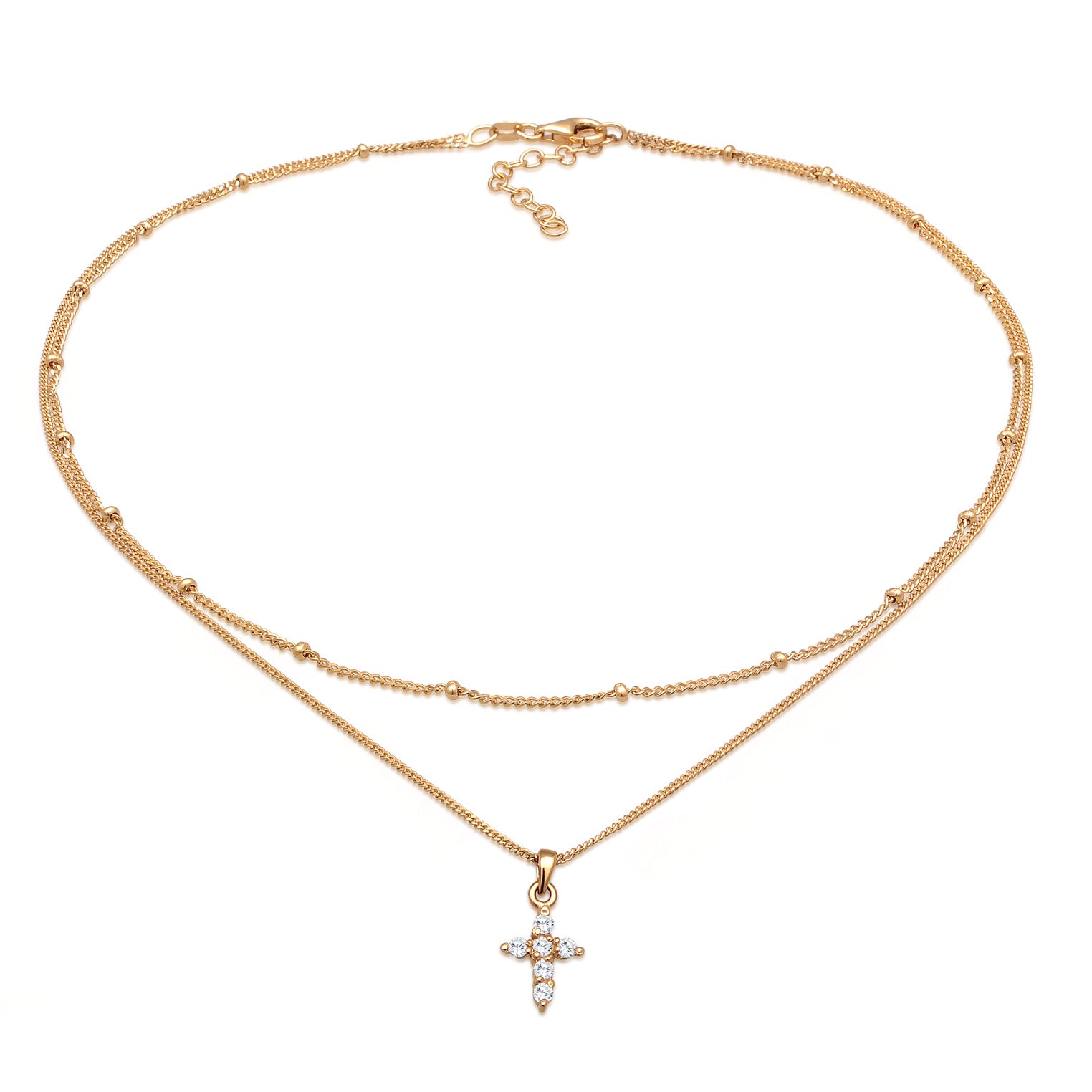 Gold - Elli | Layer-Halskette Kreuz | Zirkonia (Weiß) | 925er Sterling Silber Vergoldet