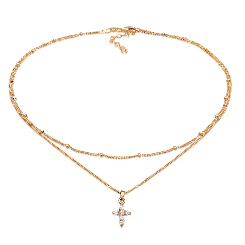 Gold - Elli | Layer-Halskette Kreuz | Zirkonia (Weiß) | 925er Sterling Silber Vergoldet