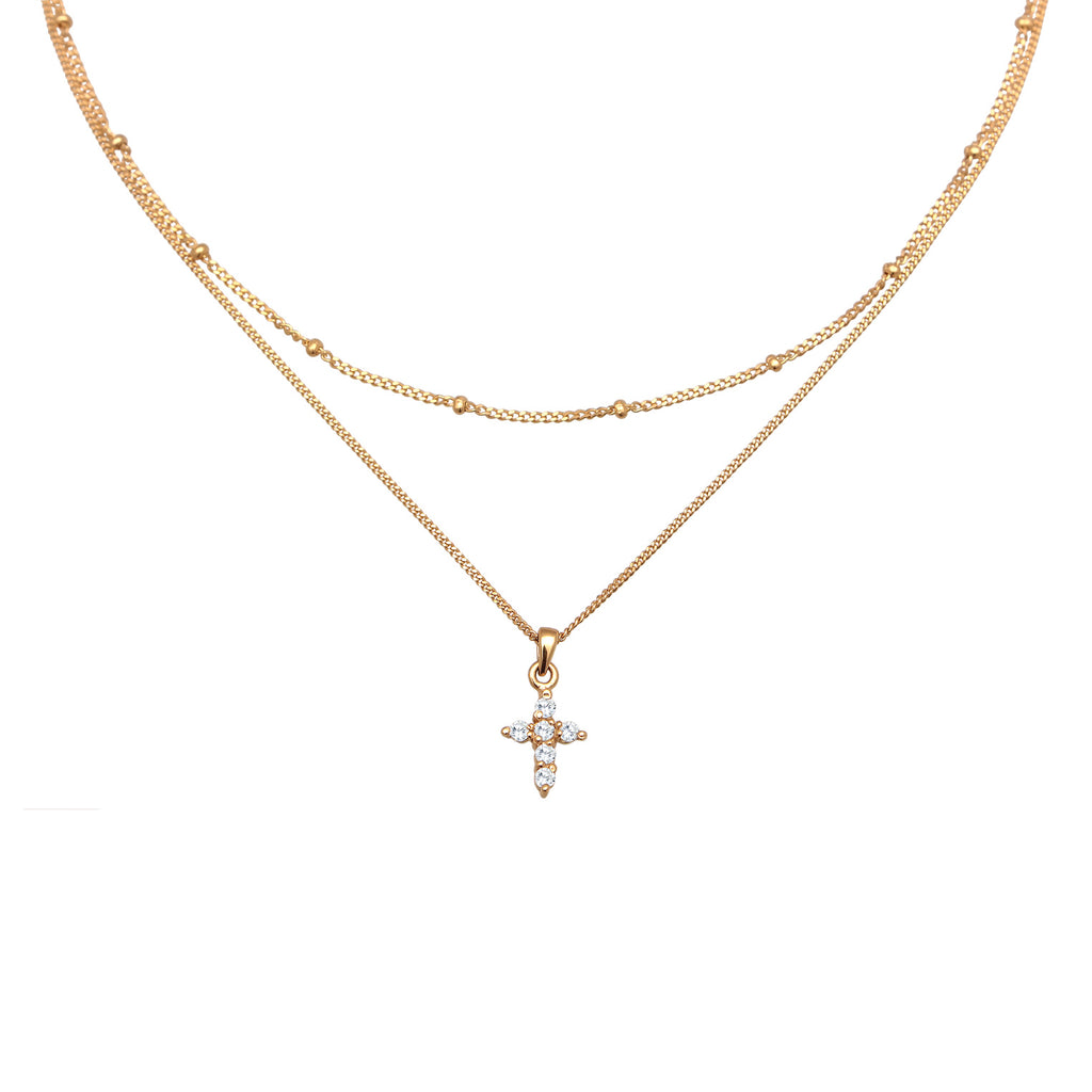 Gold - Elli | Layer-Halskette Kreuz | Zirkonia (Weiß) | 925er Sterling Silber Vergoldet