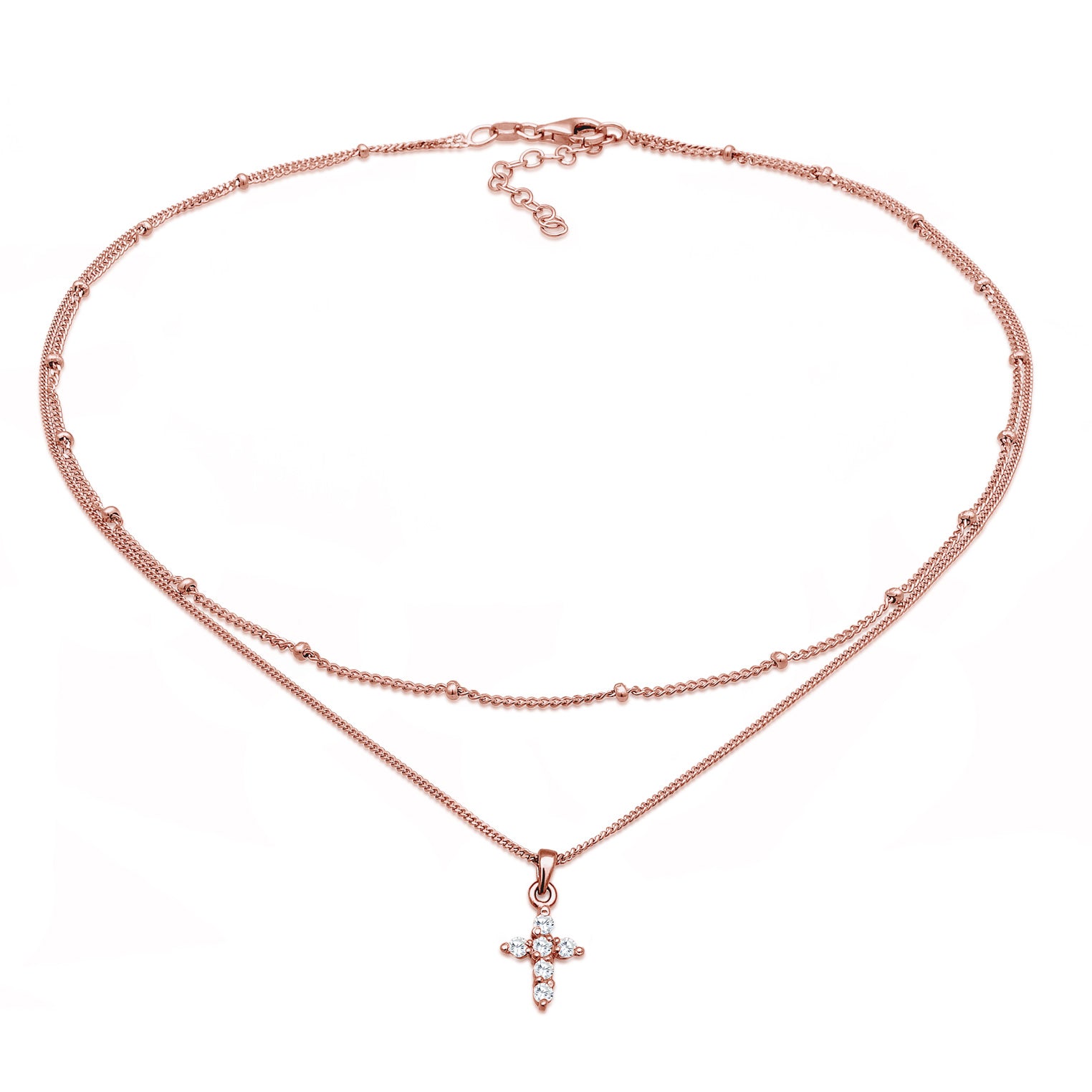 Roségold - Elli | Layer-Halskette Kreuz | Zirkonia (Weiß) | 925er Sterling Silber Rosévergoldet