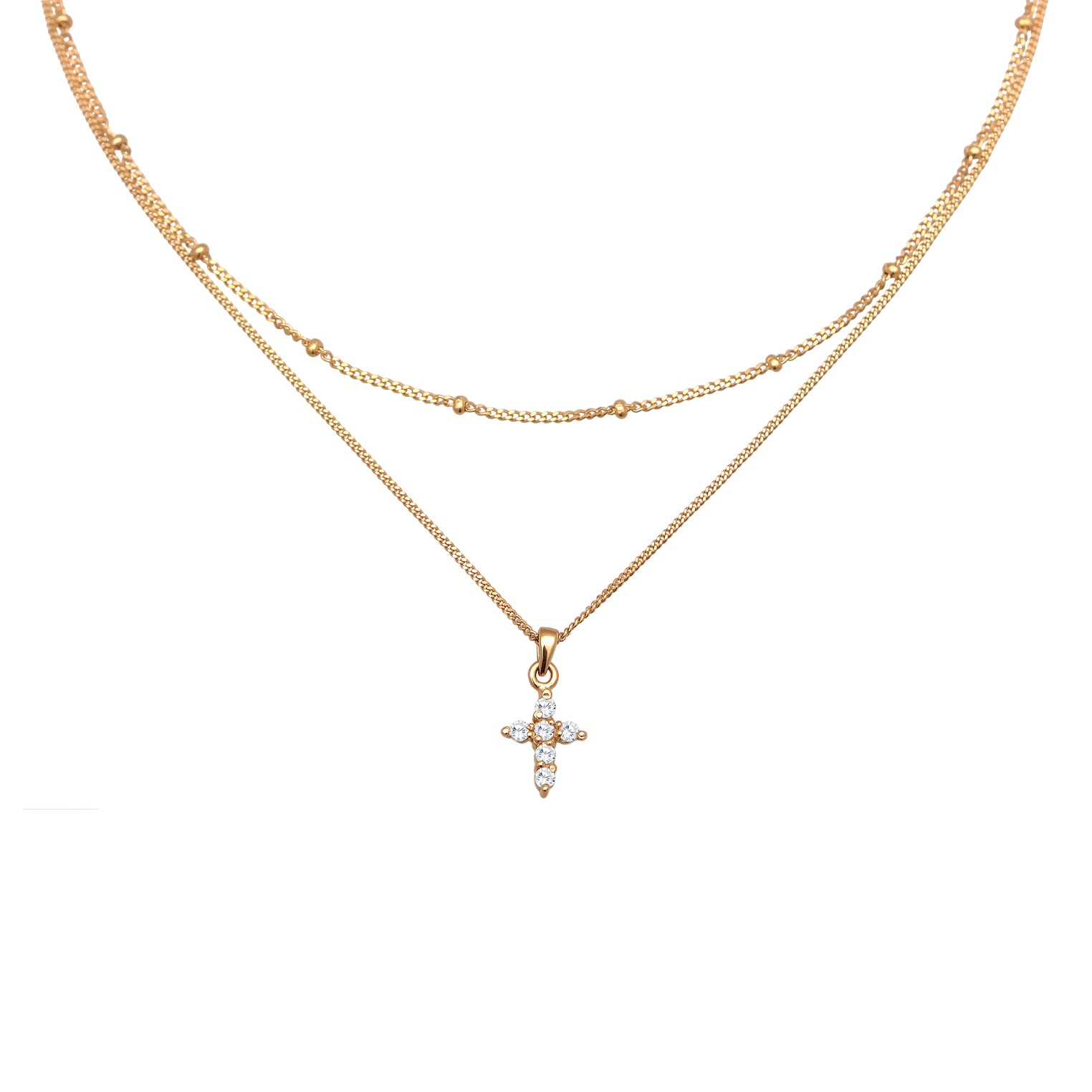 Roségold - Elli | Layer-Halskette Kreuz | Zirkonia (Weiß) | 925er Sterling Silber Rosévergoldet