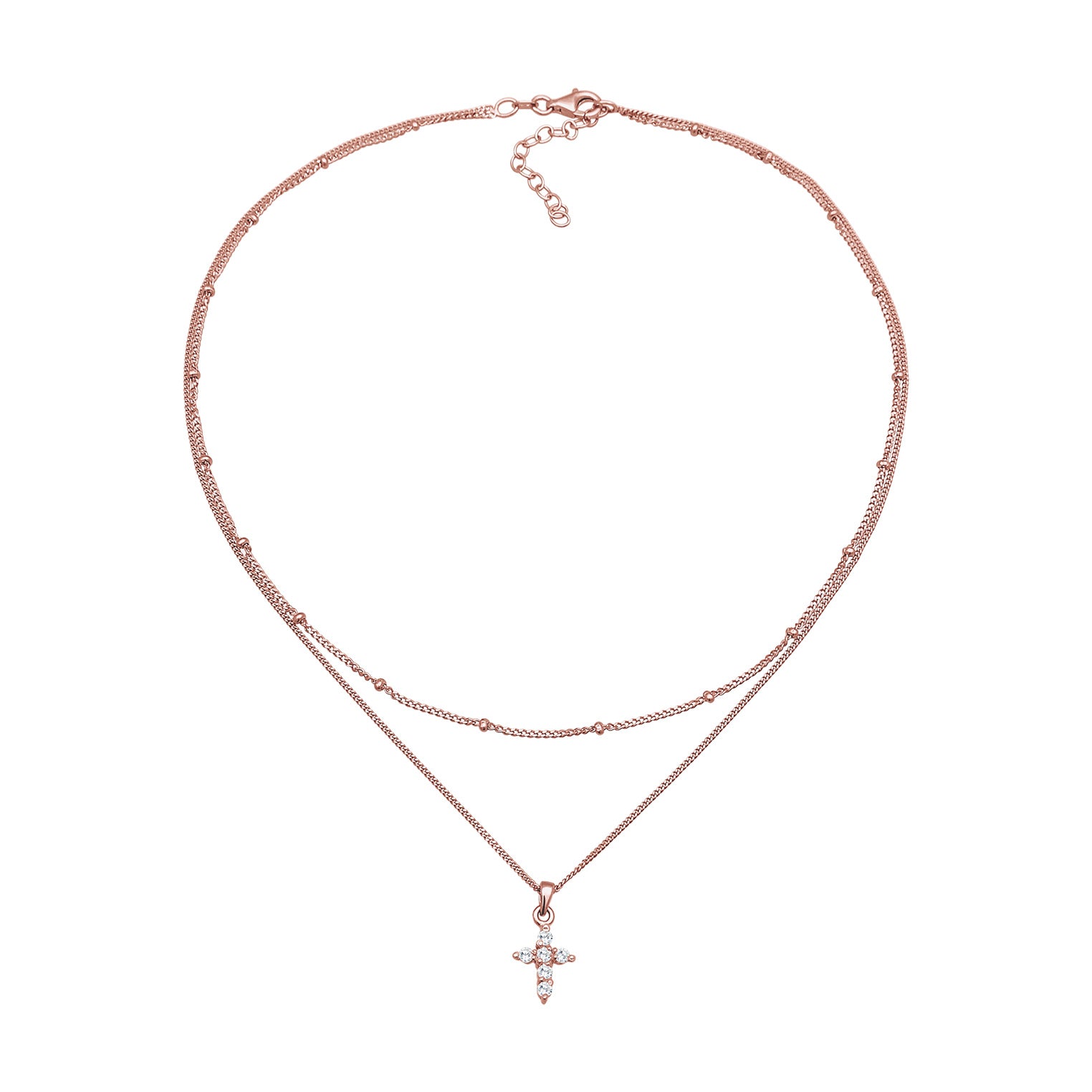Roségold - Elli | Layer-Halskette Kreuz | Zirkonia (Weiß) | 925er Sterling Silber Rosévergoldet