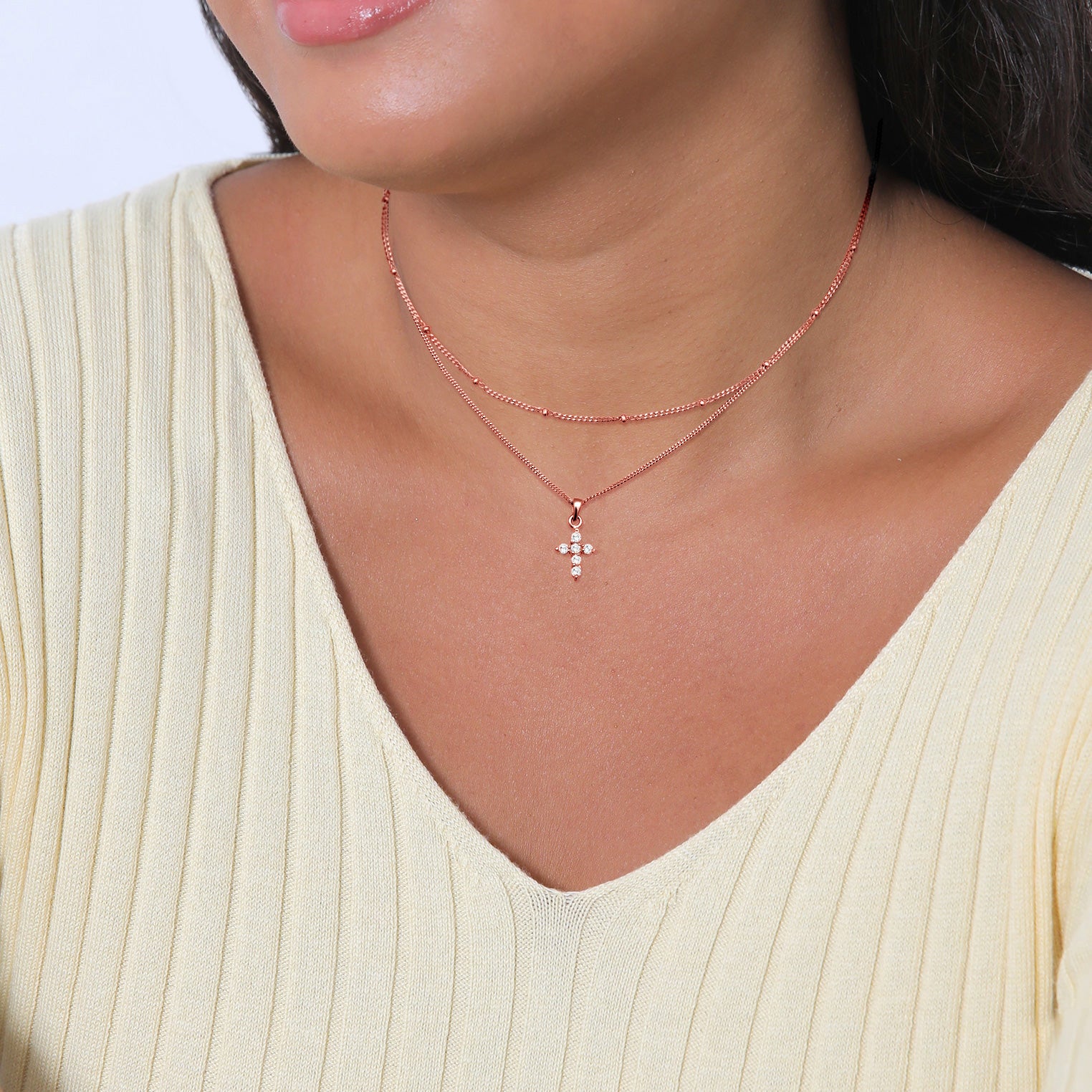 Roségold - Elli | Layer-Halskette Kreuz | Zirkonia (Weiß) | 925er Sterling Silber Rosévergoldet