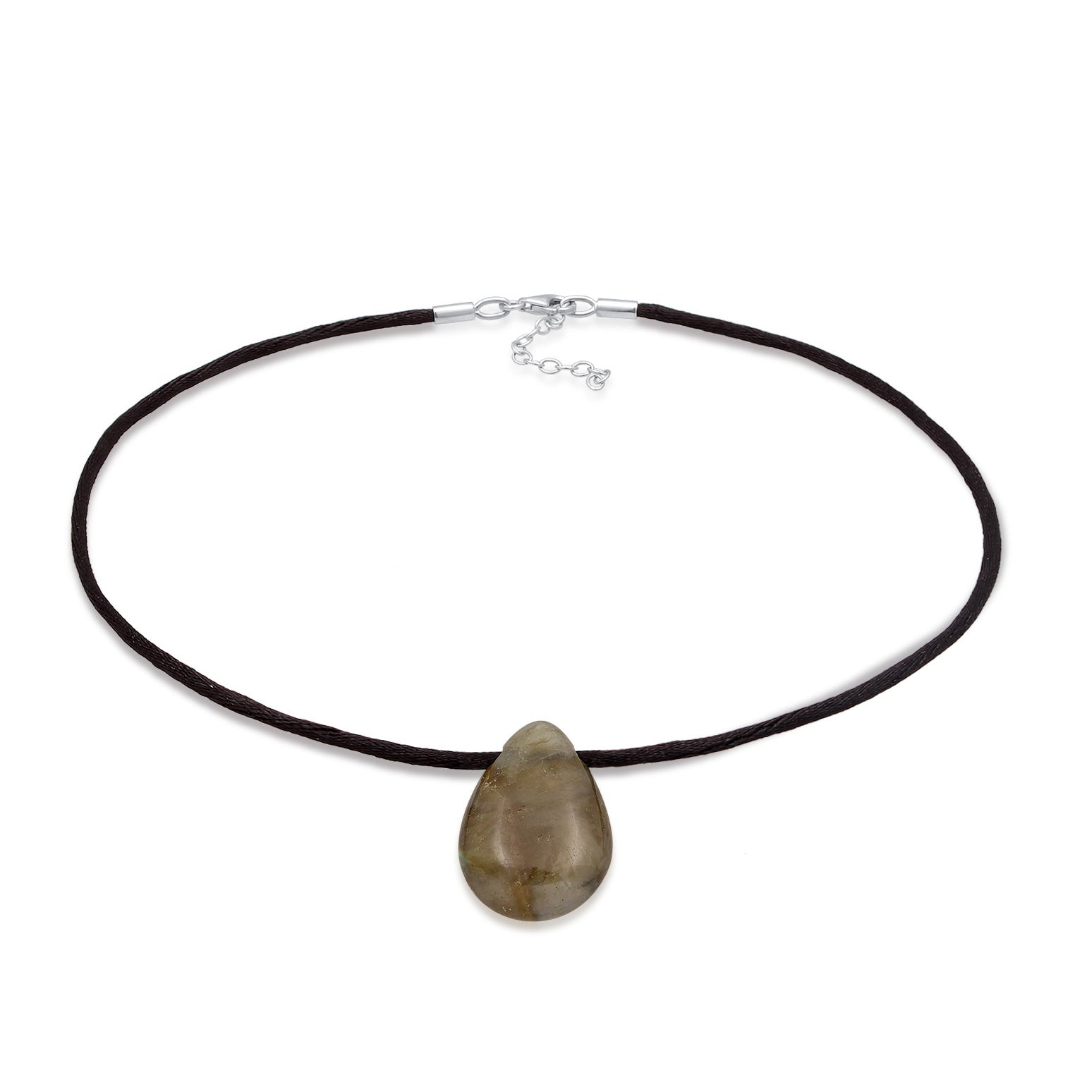 Grau - Elli PREMIUM | Choker Tropfen | Satin, Labaradorit (Grau) | 925er Sterling Silber