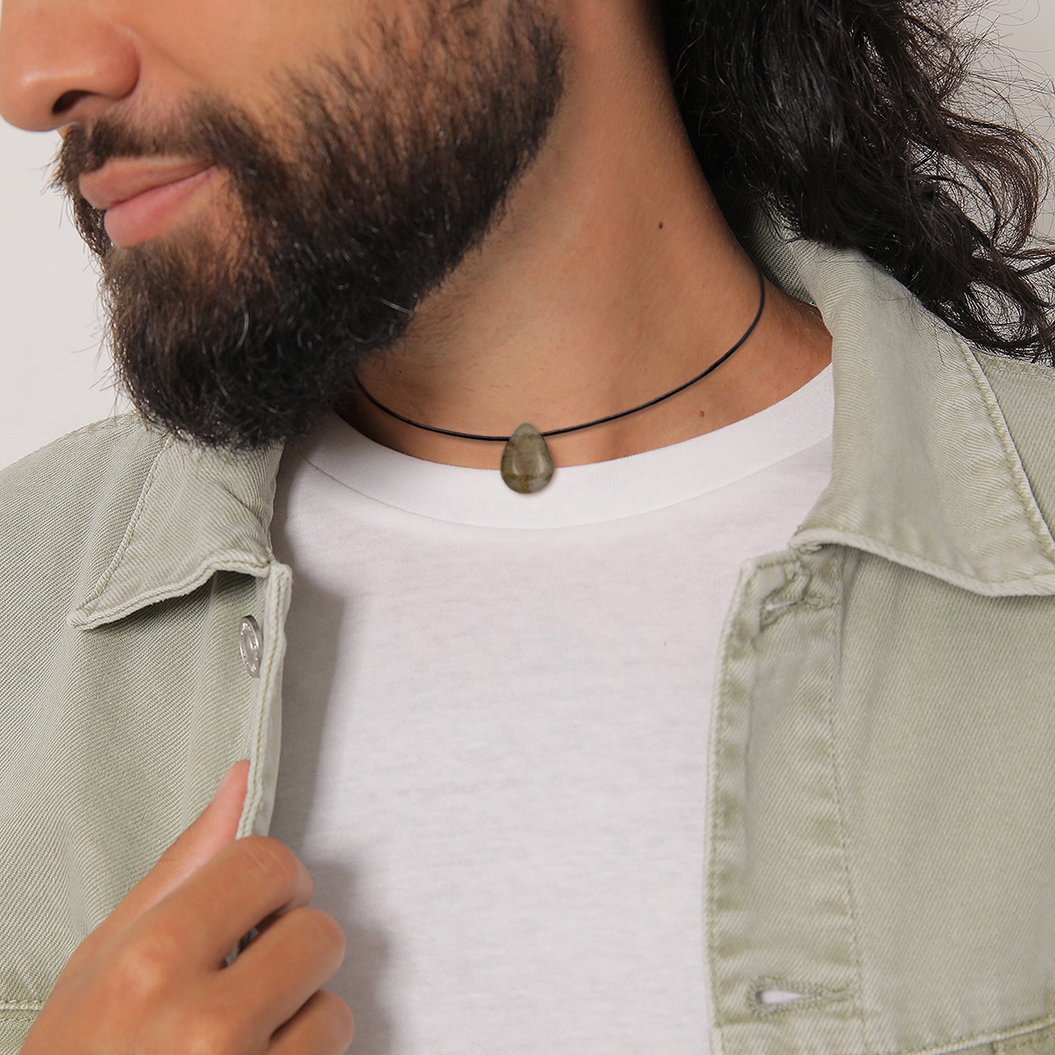 Grau - Elli PREMIUM | Choker Tropfen | Satin, Labaradorit (Grau) | 925er Sterling Silber