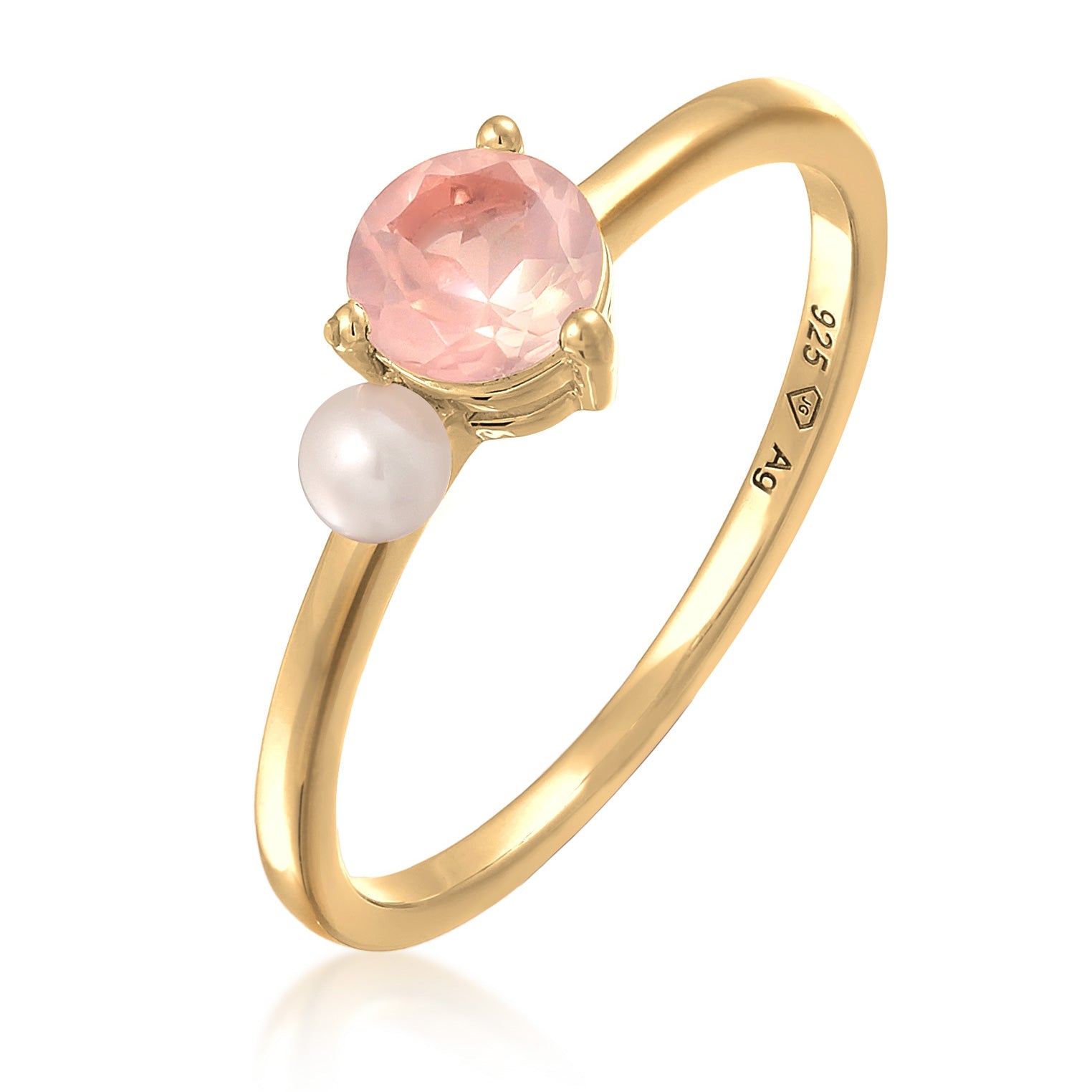 Gold - Elli PREMIUM | Solitär-Ring Elegant | Süßwasserperle, Quarz (Rosa) | 925er Sterling Silber Vergoldet