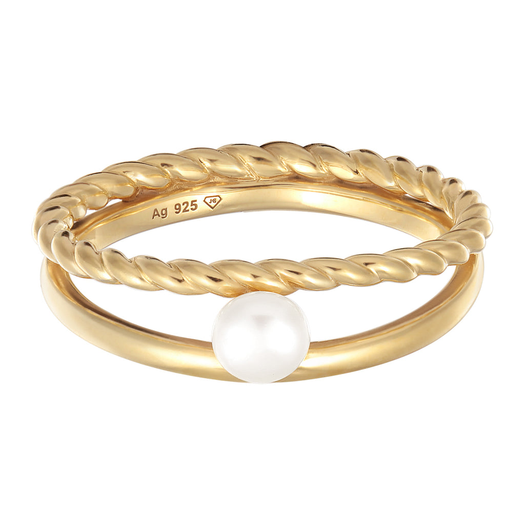 Gold - Elli PREMIUM | Stapelring Twisted | Süßwasserperle | 925er Sterling Silber Vergoldet