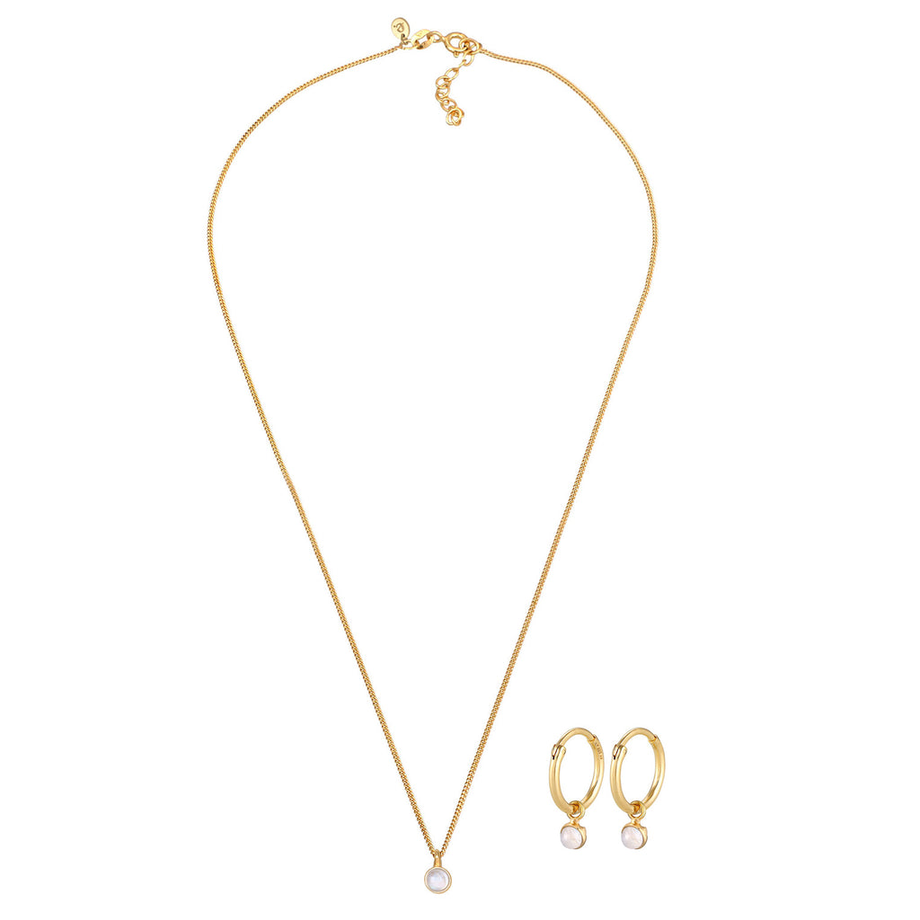 Gold - Elli PREMIUM | Schmuckset Solitär | Mondstein (Rosa) | 925er Sterling Silber Vergoldet