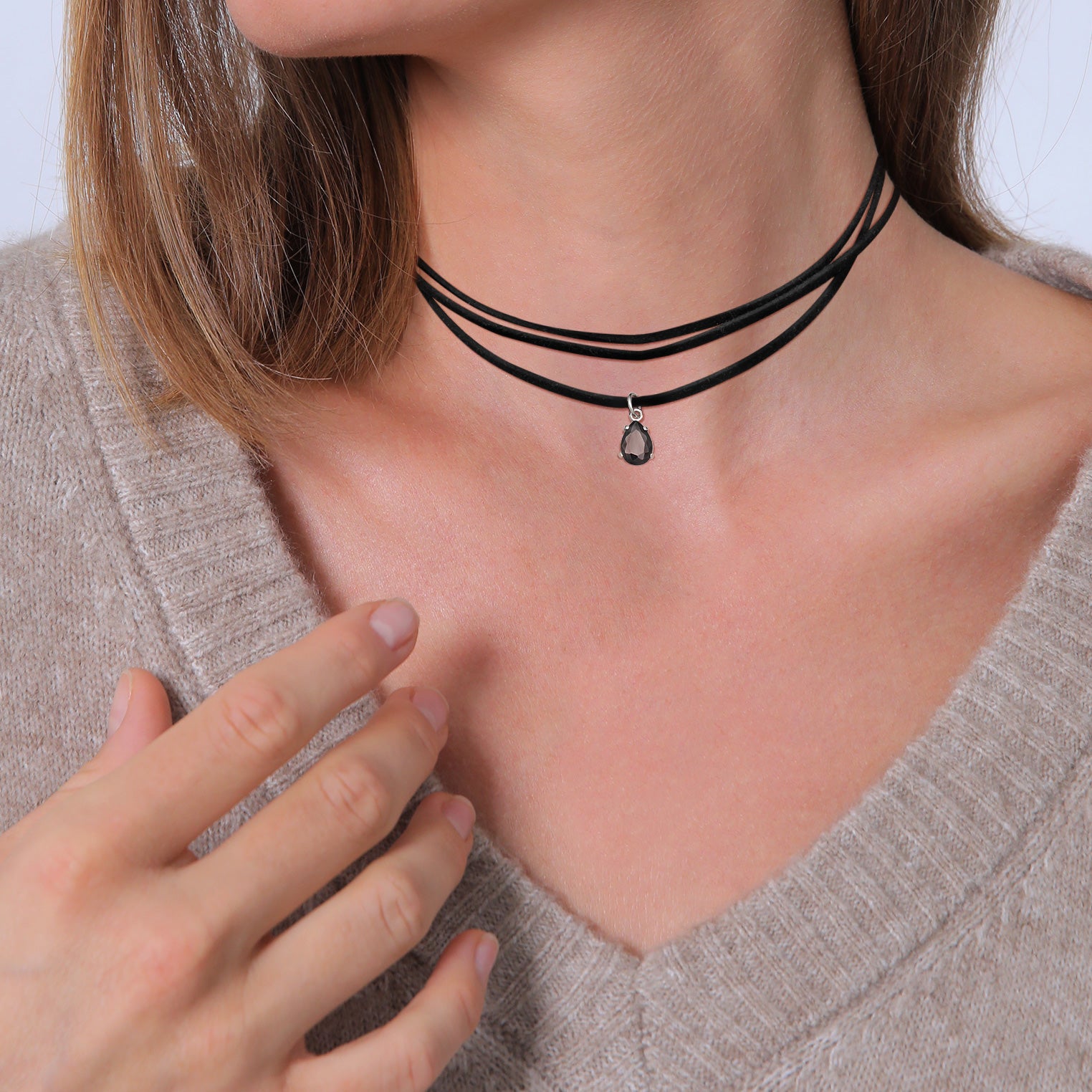 Schwarz - Elli | Choker Tropfen Anhänger | Zirkonia (Schwarz) | 925er Sterling Silber