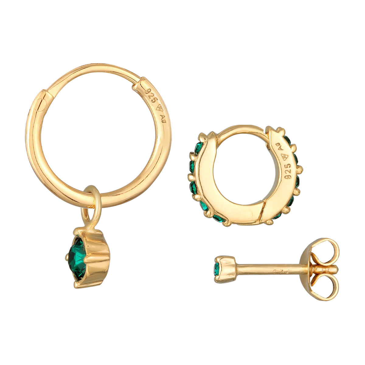 Gold - Elli | Ohrringset Basic | Kristalle (Grün) | 925er Sterling Silber vergoldet