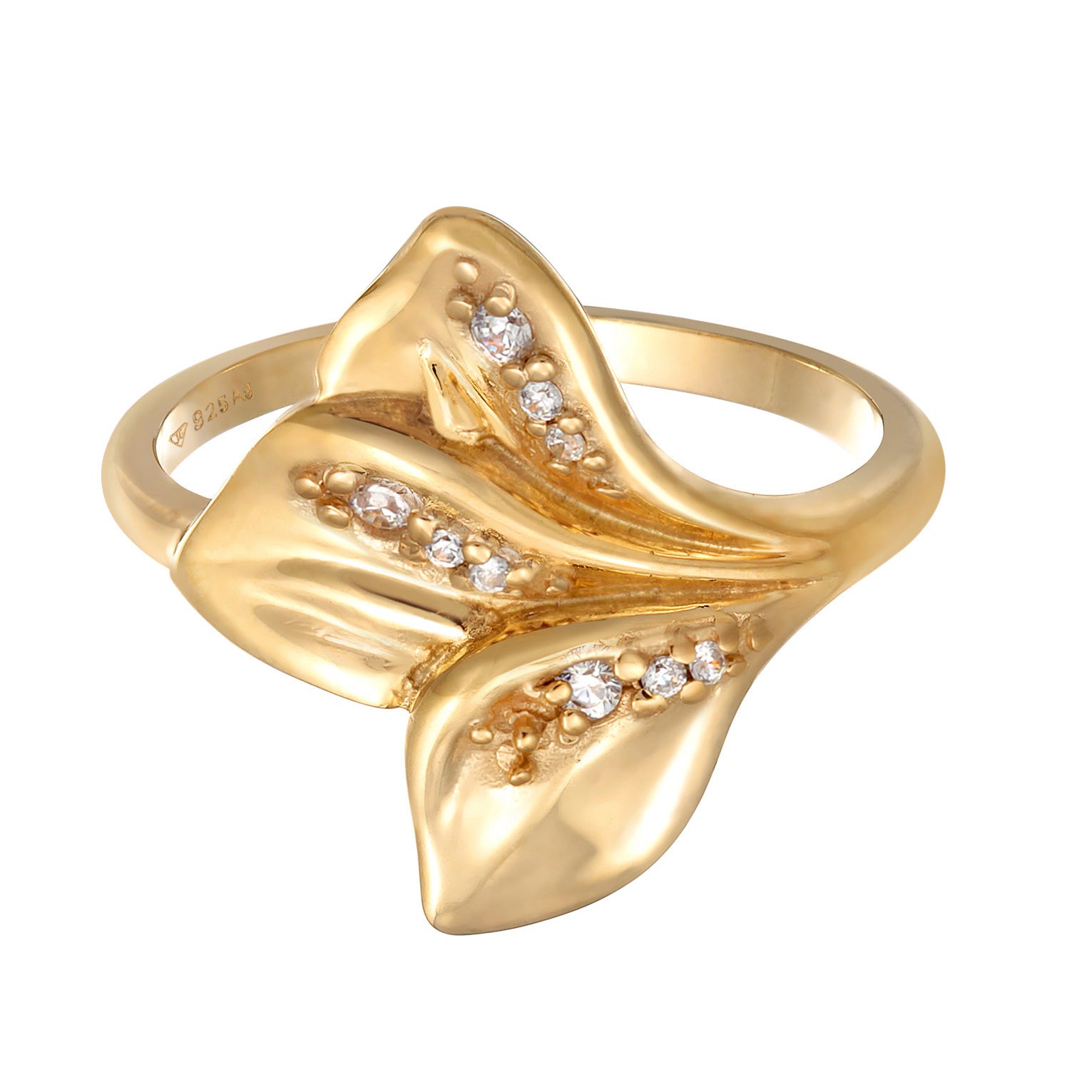Gold - Elli | Ring Statement Blätter | Zirkonia (Weiß) | 925er Sterling Silber Vergoldet