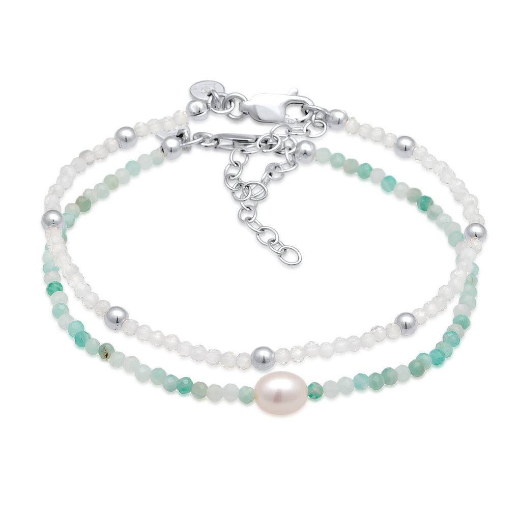 Silber - Elli PREMIUM | ArmbandSet Perlen | Mondstein, Süßwasserzuchtperle | 925er Sterling Silber