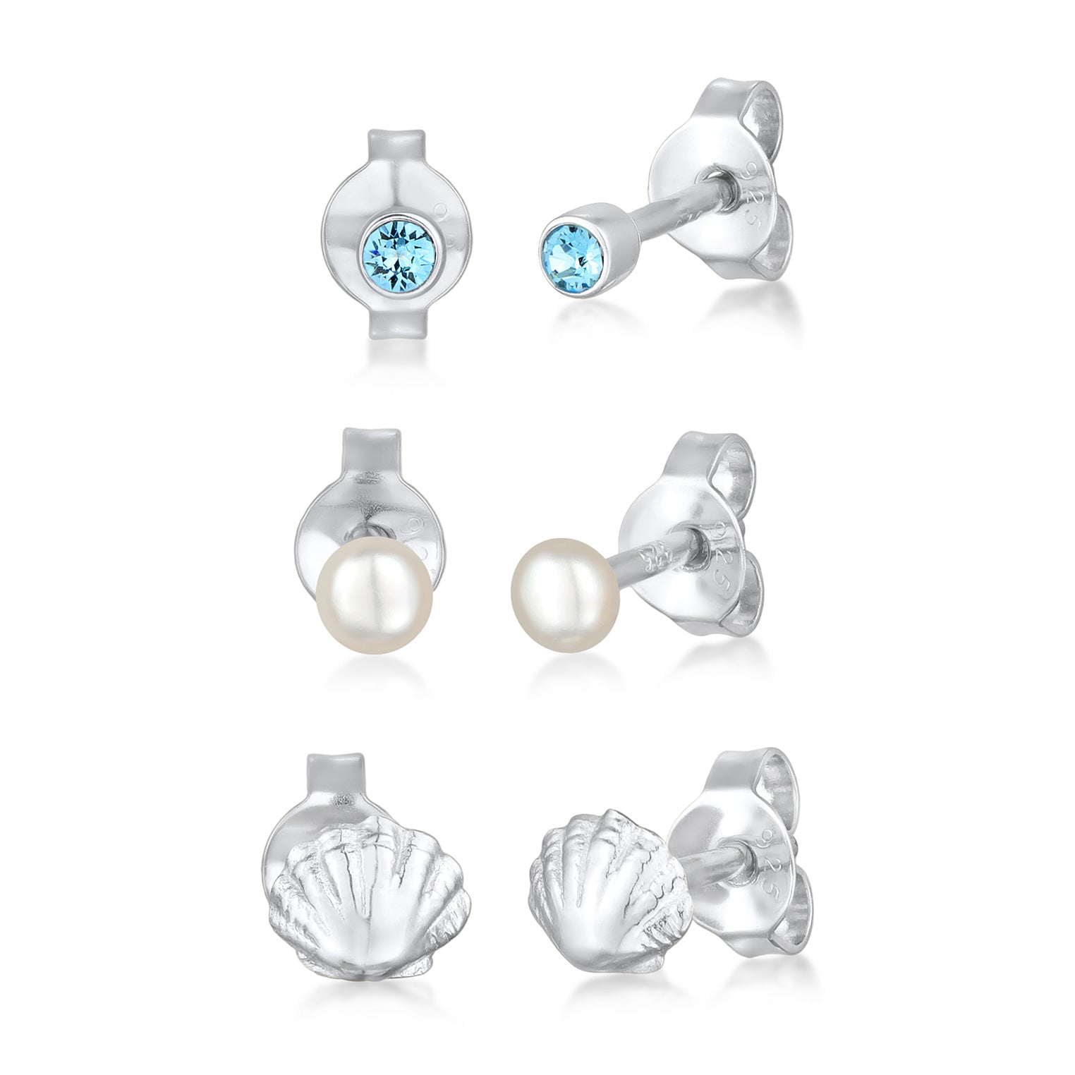 Silber - Elli | OhrsteckerSet Muschel | Süßwasserzuchtperle, Kristall (Blau) | 925er Sterling Silber