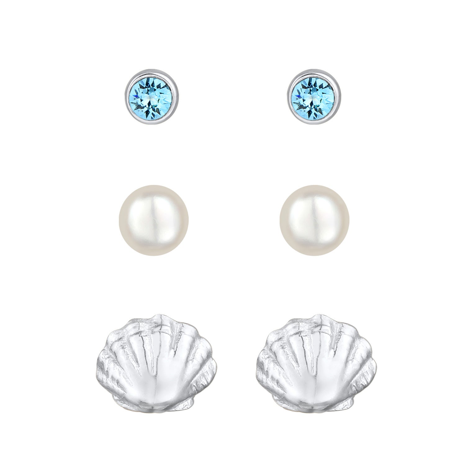 Silber - Elli | OhrsteckerSet Muschel | Süßwasserzuchtperle, Kristall (Blau) | 925er Sterling Silber
