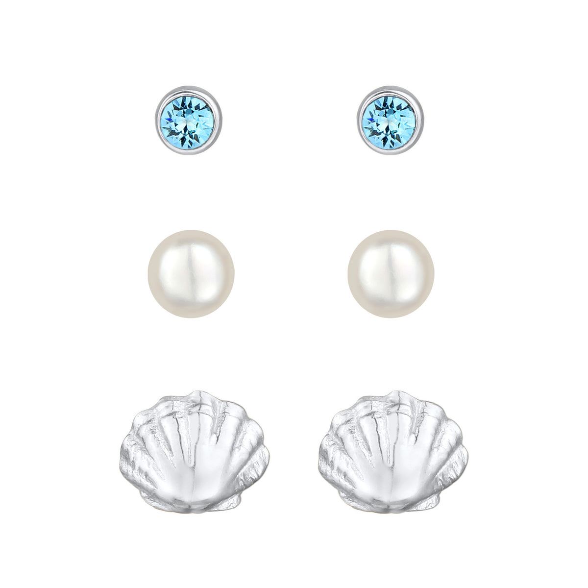Silber - Elli | OhrsteckerSet Muschel | Süßwasserzuchtperle, Kristall (Blau) | 925er Sterling Silber