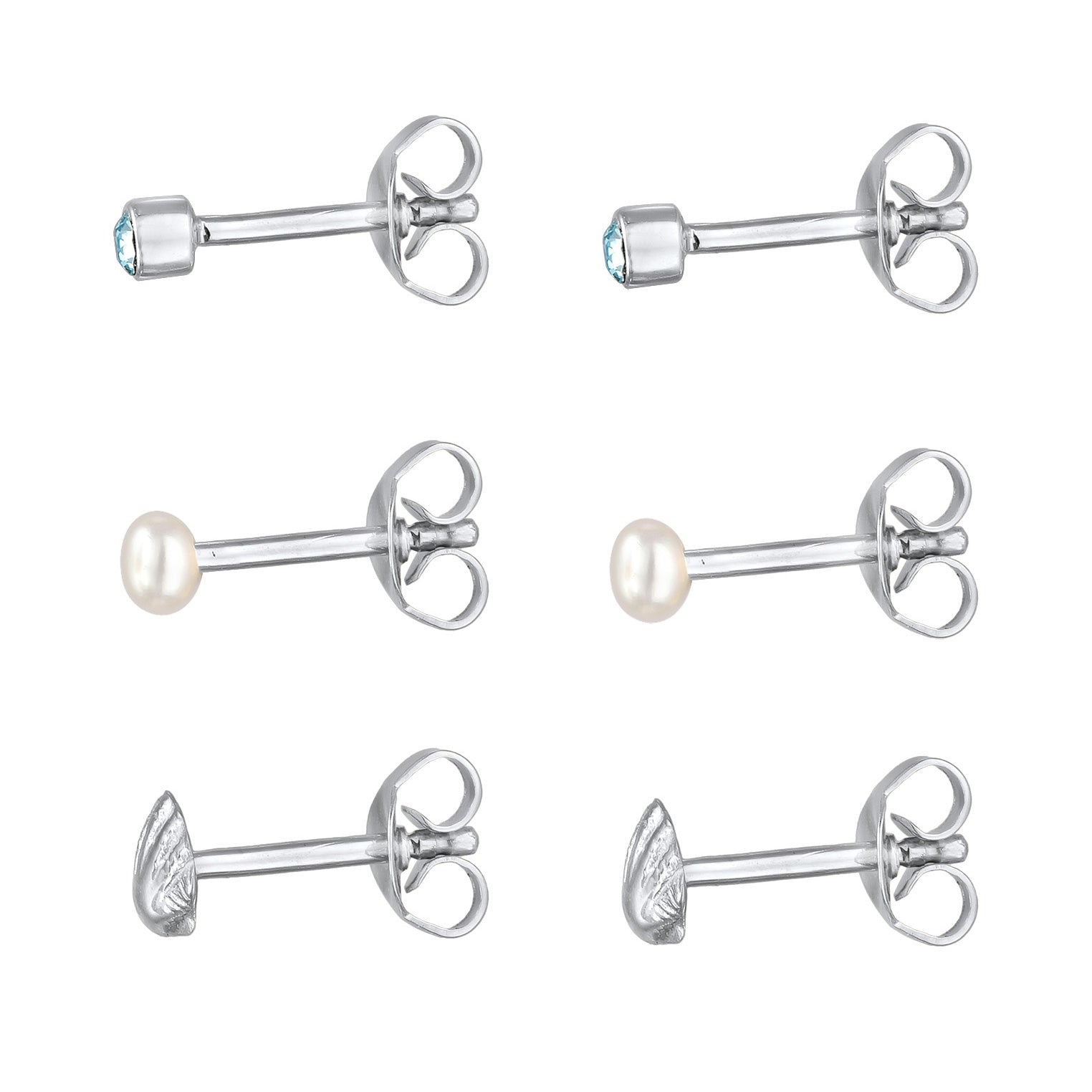 Silber - Elli | OhrsteckerSet Muschel | Süßwasserzuchtperle, Kristall (Blau) | 925er Sterling Silber