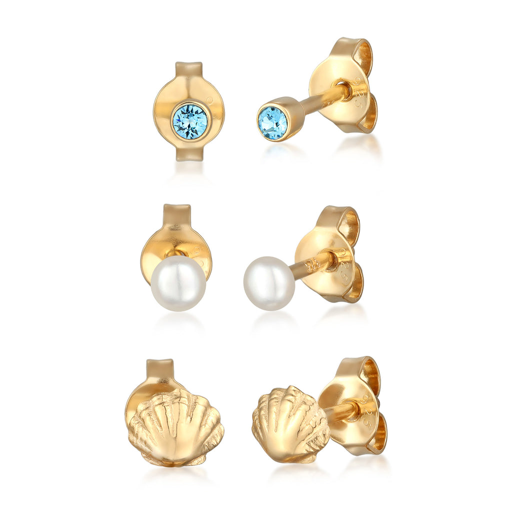 Gold - Elli | OhrsteckerSet Muschel | Süßwasserzuchtperle, Kristall (Blau) | 925er Sterling Silber Vergoldet