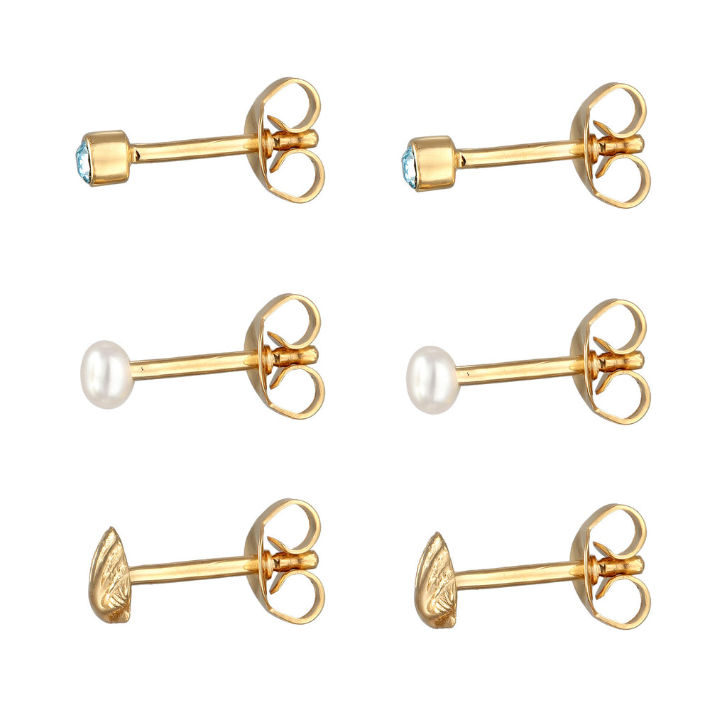 Gold - Elli | OhrsteckerSet Muschel | Süßwasserzuchtperle, Kristall (Blau) | 925er Sterling Silber Vergoldet