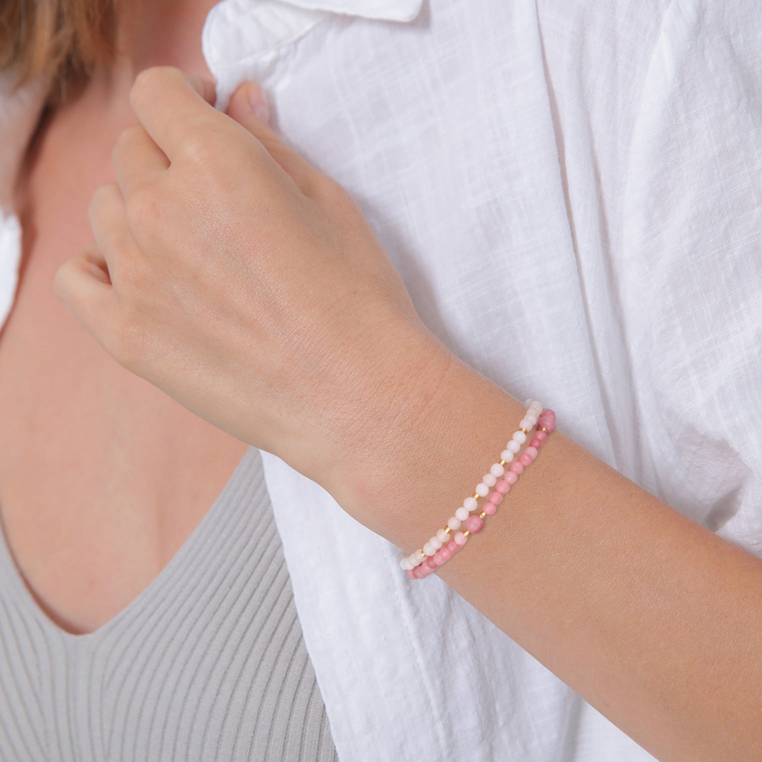 Pink - Elli PREMIUM | ArmbandSet Perlen | Achat, Quarz (Rosa) | 925er Sterling Silber Vergoldet