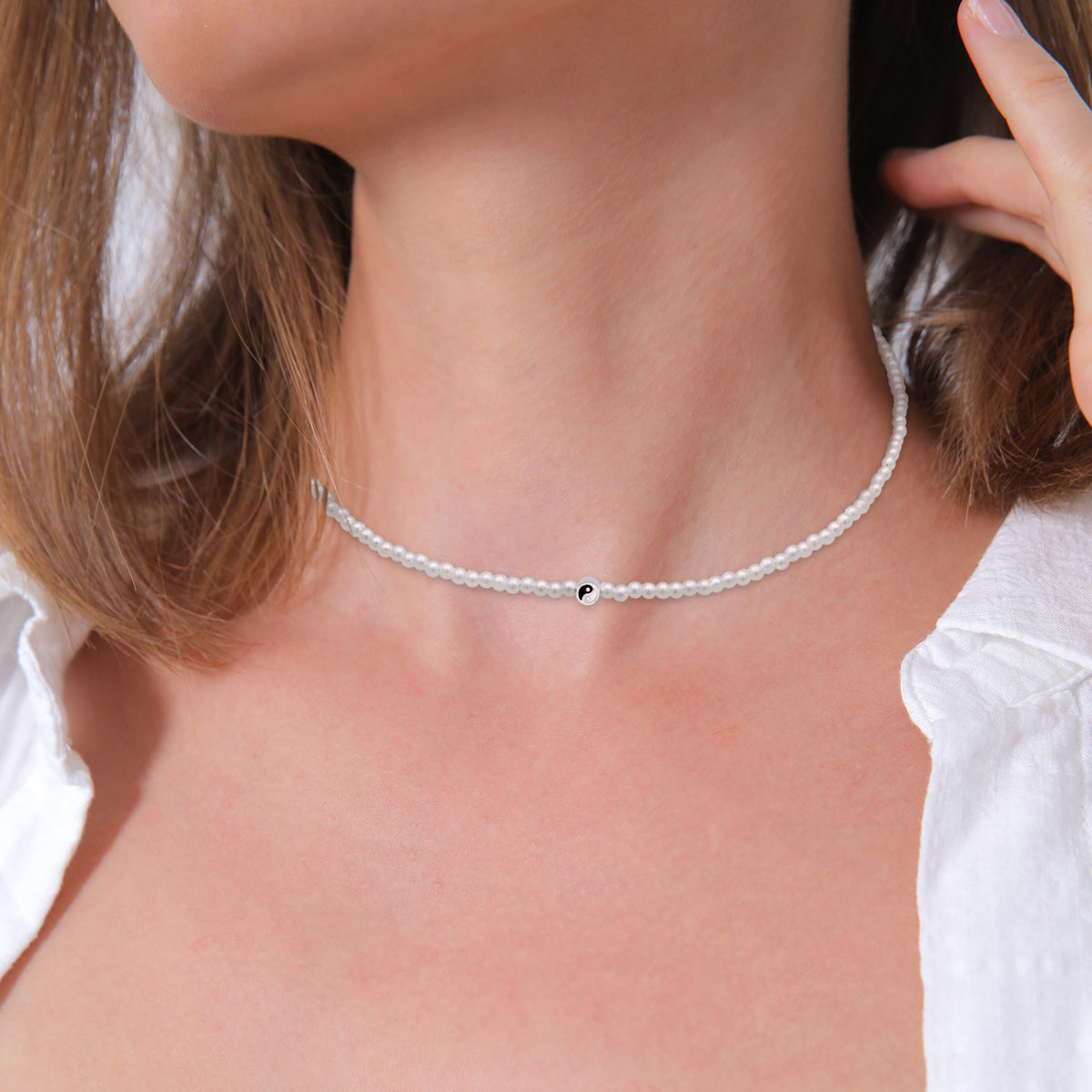 Weiß - Elli | Choker Basique | Synth. Perle | 925er Sterling Silber