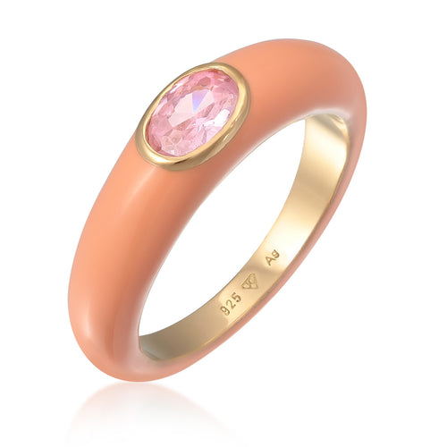 Rosa - Elli | Solitär-Ring Oval | Emaille, Zirkonia (Rosa) | 925er Sterling Silber Vergoldet