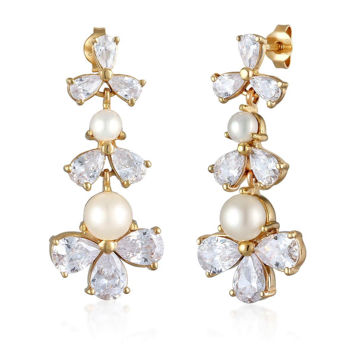Gold - Elli PREMIUM | Ohrstecker Blume | Zirkonia (Weiß) & Süßwasserzuchtperlen | 925 Sterling Silber vergoldet