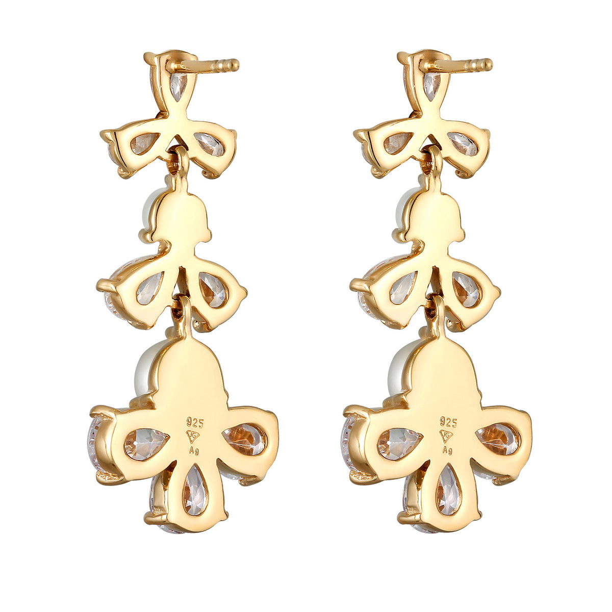 Gold - Elli PREMIUM | Ohrstecker Blume | Zirkonia (Weiß) & Süßwasserzuchtperlen | 925 Sterling Silber vergoldet