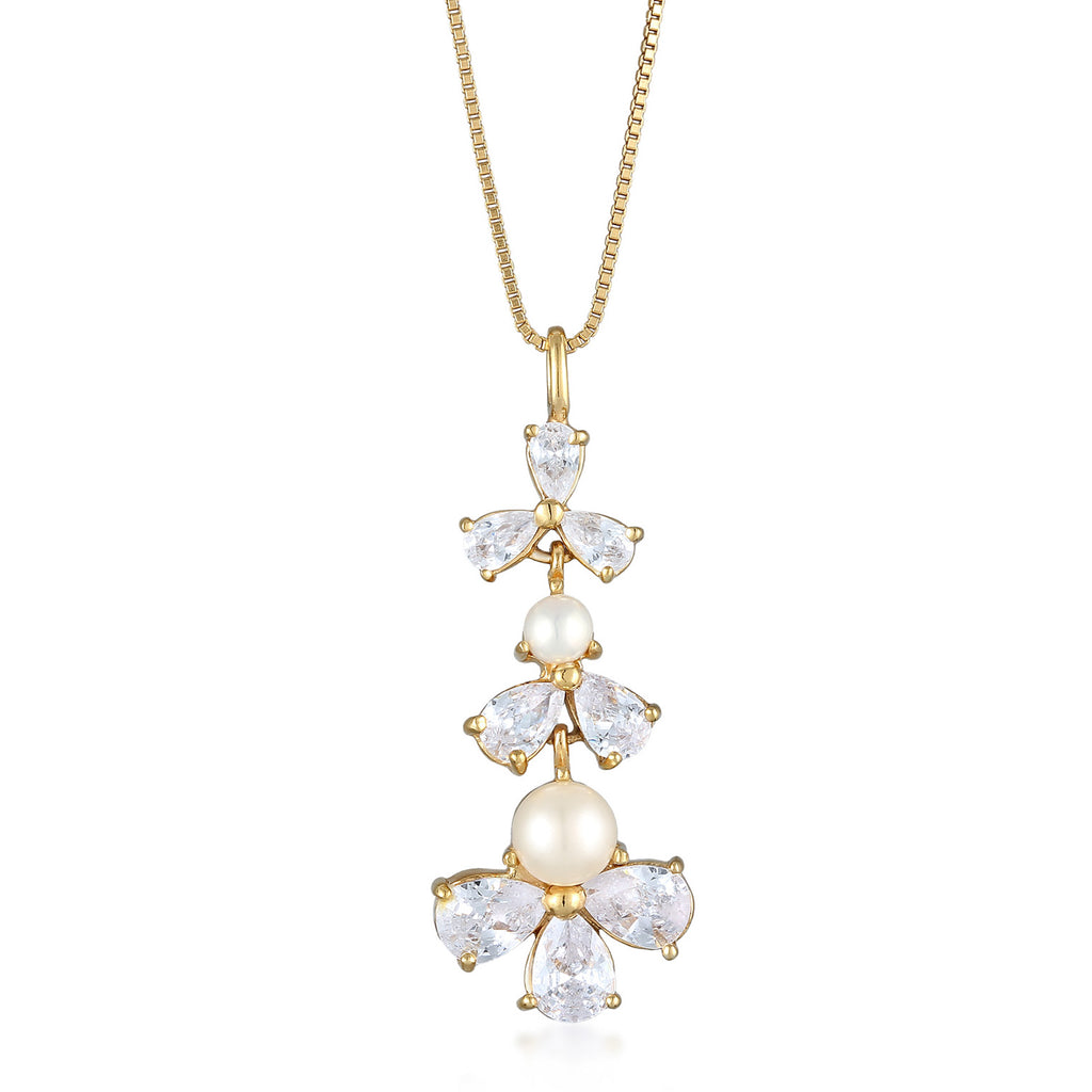 Gold - Elli PREMIUM | Halskette Blumen | Zirkonia (Weiß) & Süßwasserperlen | 925 Sterling Silber vergoldet