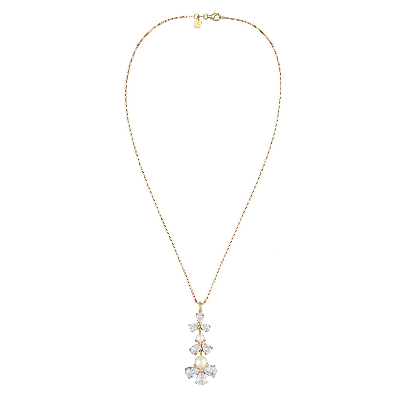 Gold - Elli PREMIUM | Halskette Blumen | Zirkonia (Weiß) & Süßwasserperlen | 925 Sterling Silber vergoldet