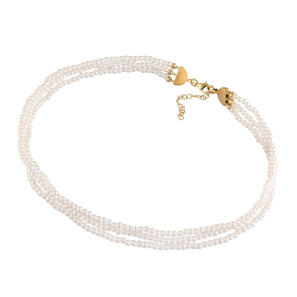 Weiß - Elli | Choker Trend 3-lagig | Synth. Perlen | 925er Sterling Silber Vergoldet