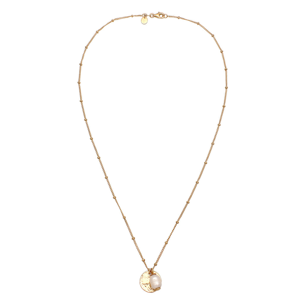 Gold - Elli PREMIUM | Halskette Plättchen Vintage | Süßwasserzuchtperle | 925er Sterling Silber Vergoldet