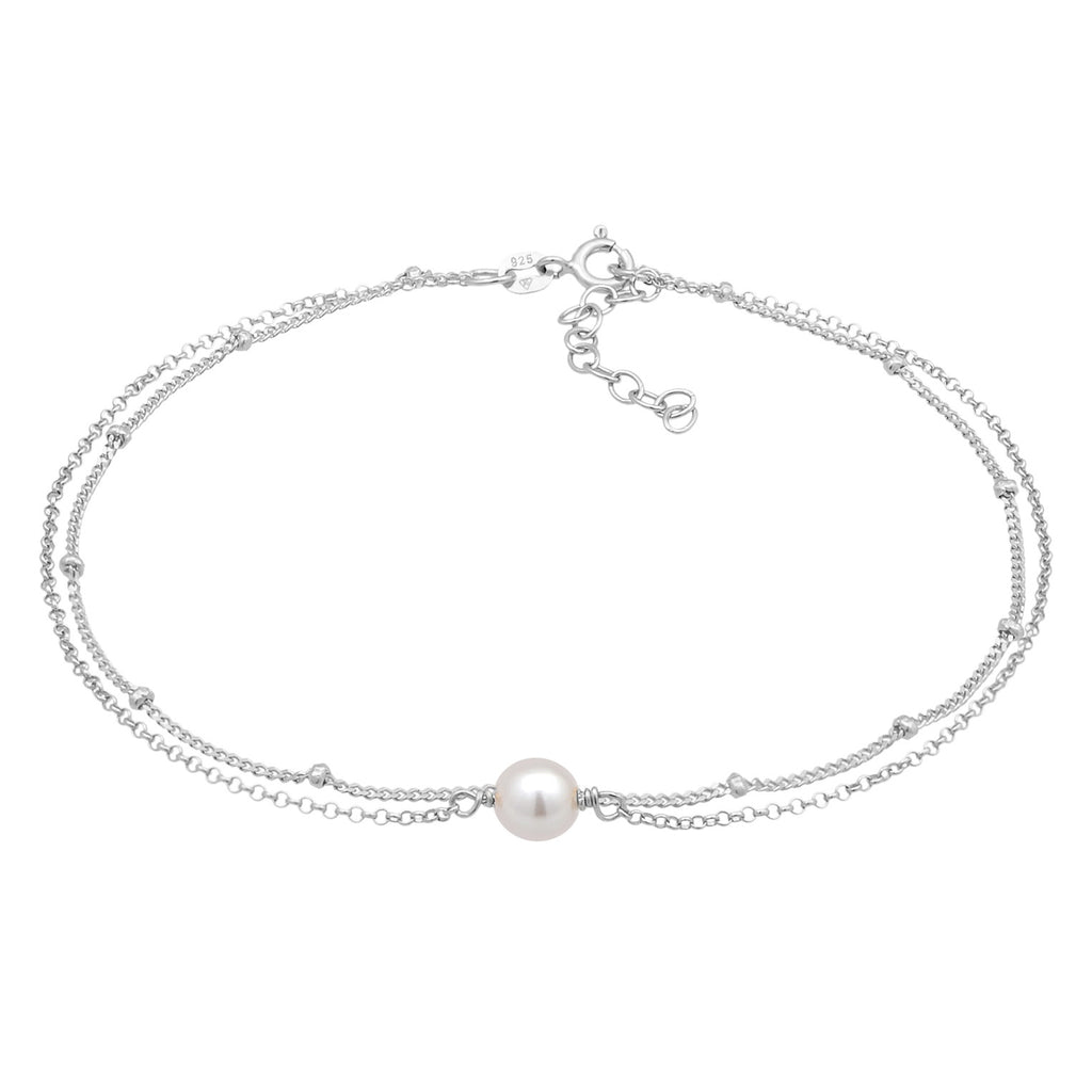 Silber - Elli | Layer-Fußkettchen | Muschelkernperle | 925er Sterling Silber