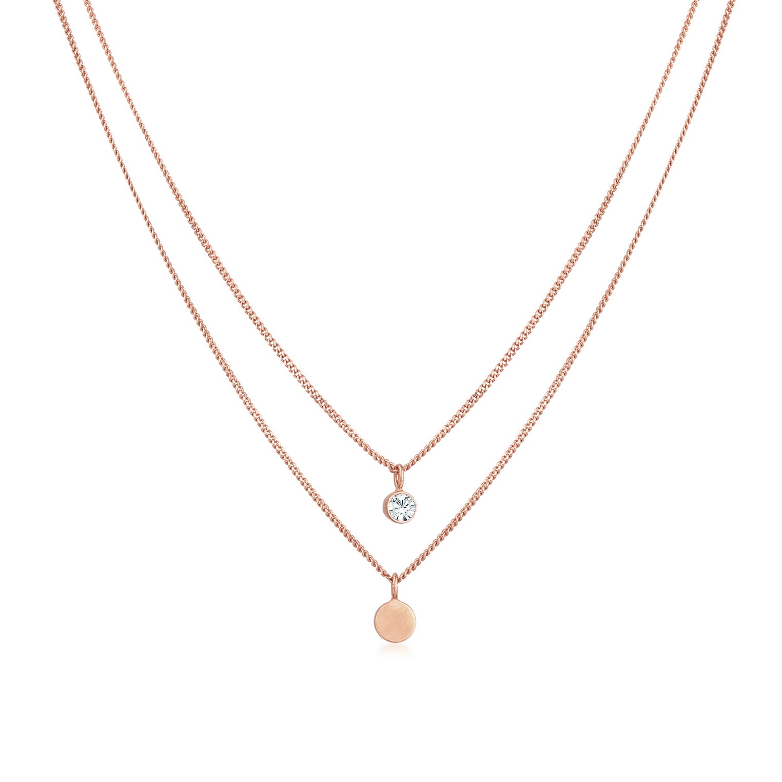 Roségold - Elli | Layer-Halskette Plättchen | Glaskristall (Weiß) | 925er Sterling Silber Rosévergoldet