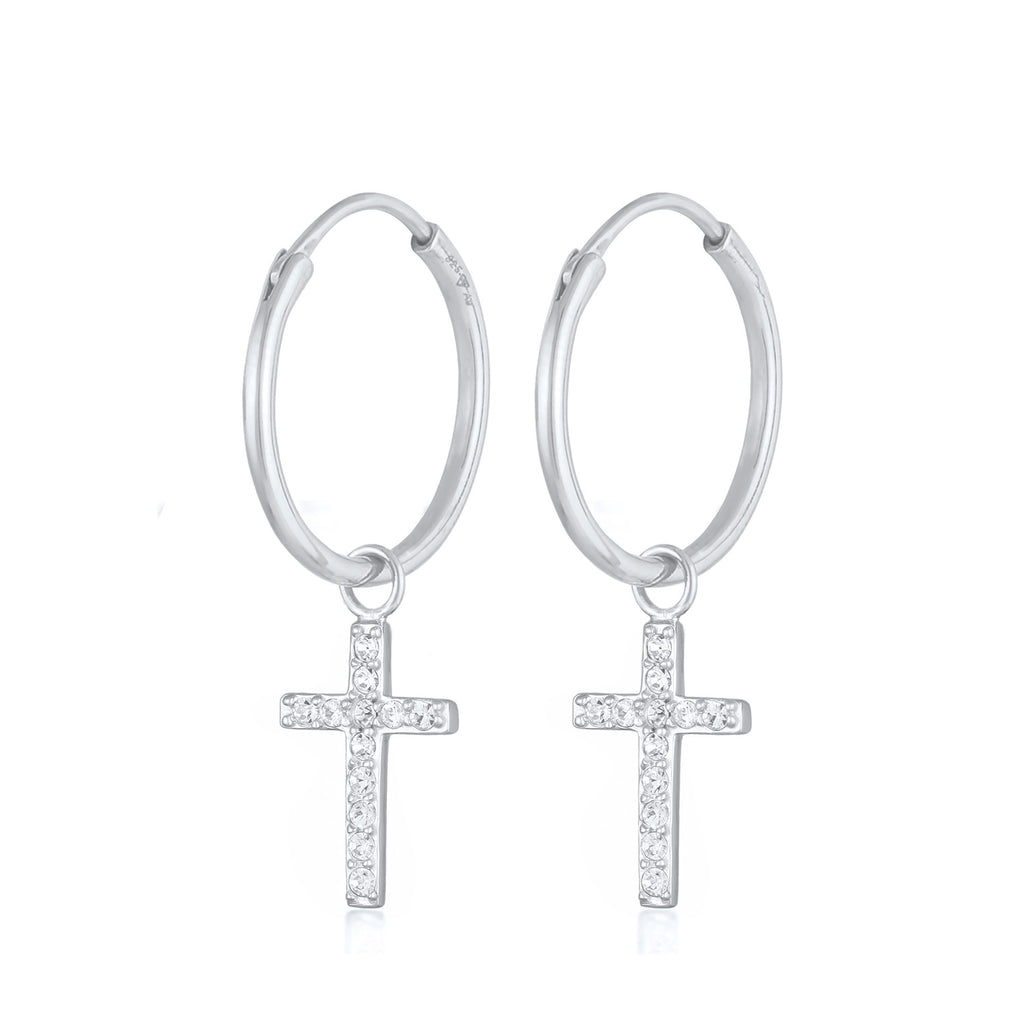 Silber - Elli | Creolen Anhänger Kreuz | Mit Kristallen von Swarovski® (Weiß) | 925er Sterling Silber