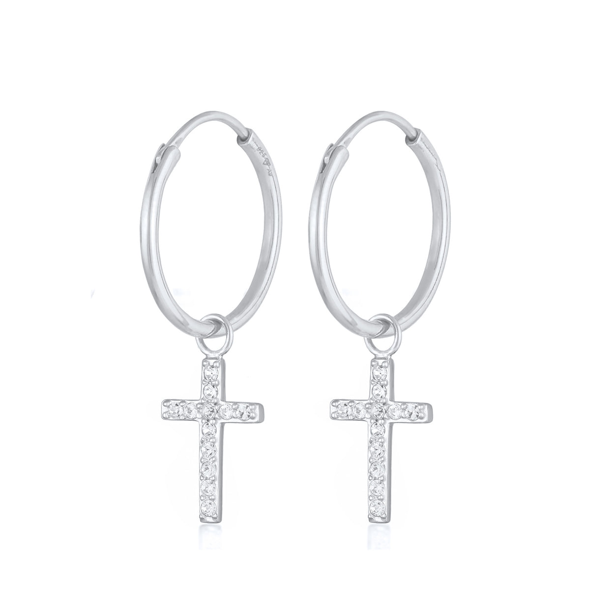 Silber - Elli | Creolen Anhänger Kreuz | Mit Kristallen von Swarovski® (Weiß) | 925er Sterling Silber