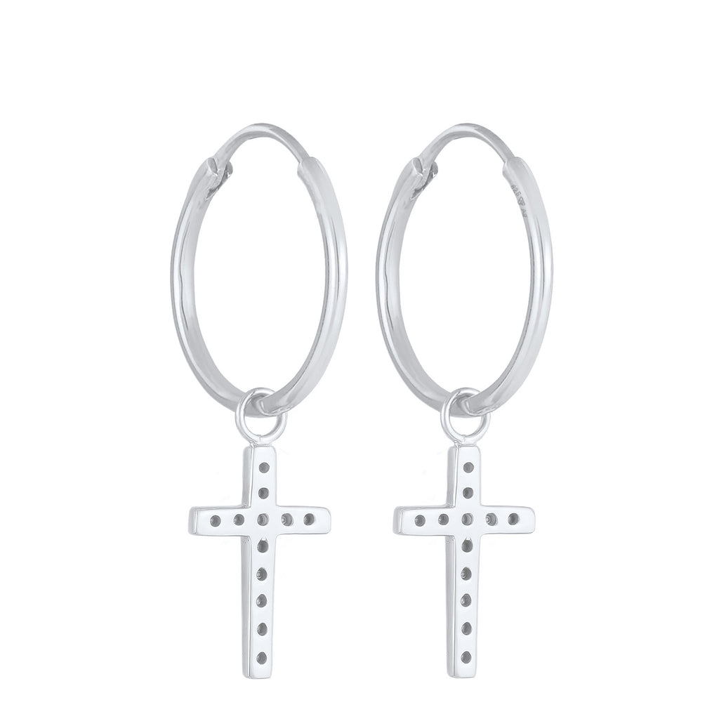 Silber - Elli | Creolen Anhänger Kreuz | Mit Kristallen von Swarovski® (Weiß) | 925er Sterling Silber